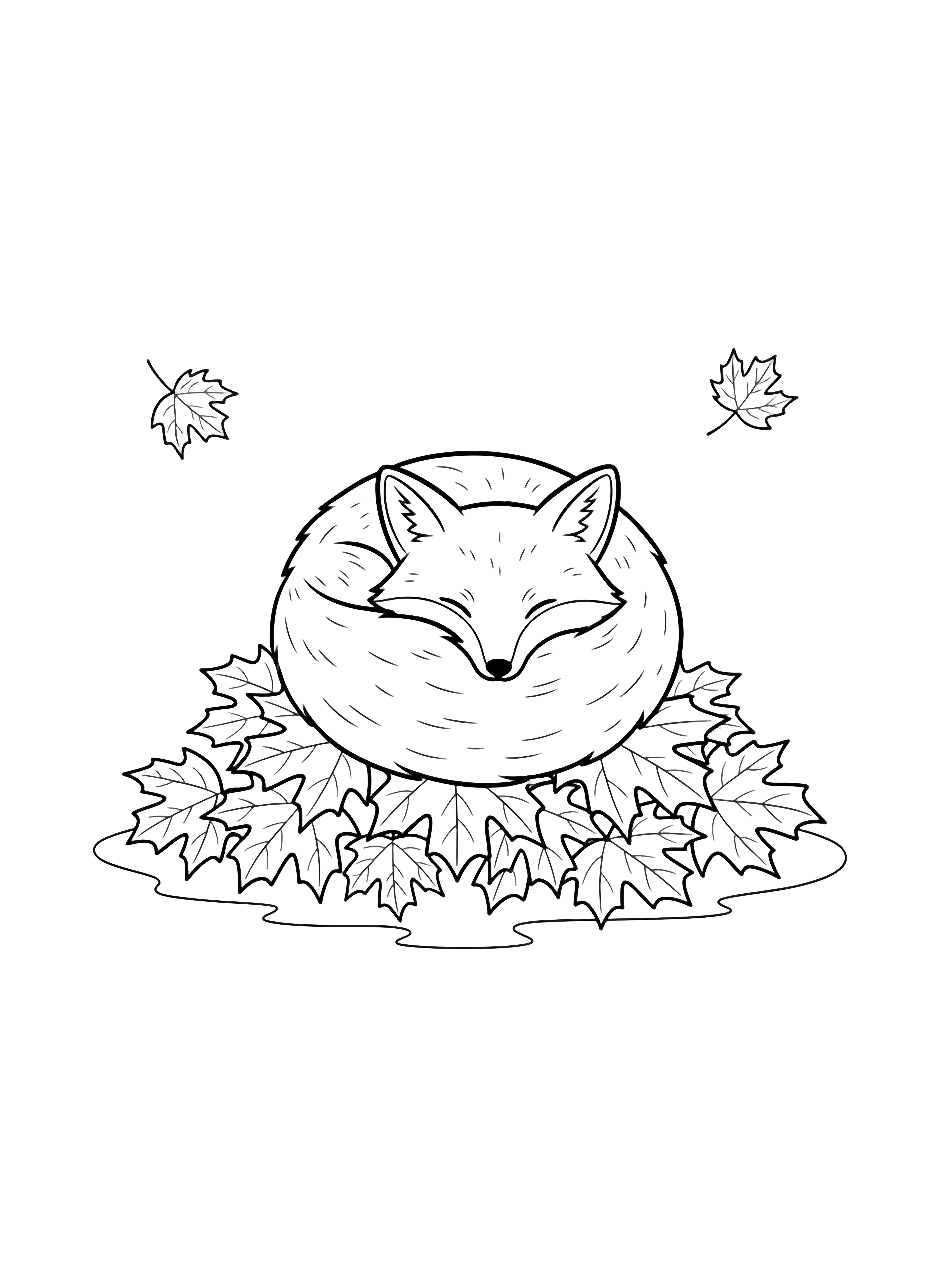A sleeping fox curled nose-to-tail on a pile of large maple leaves, with two drifting leaves above a simple ground line. kleurplaat