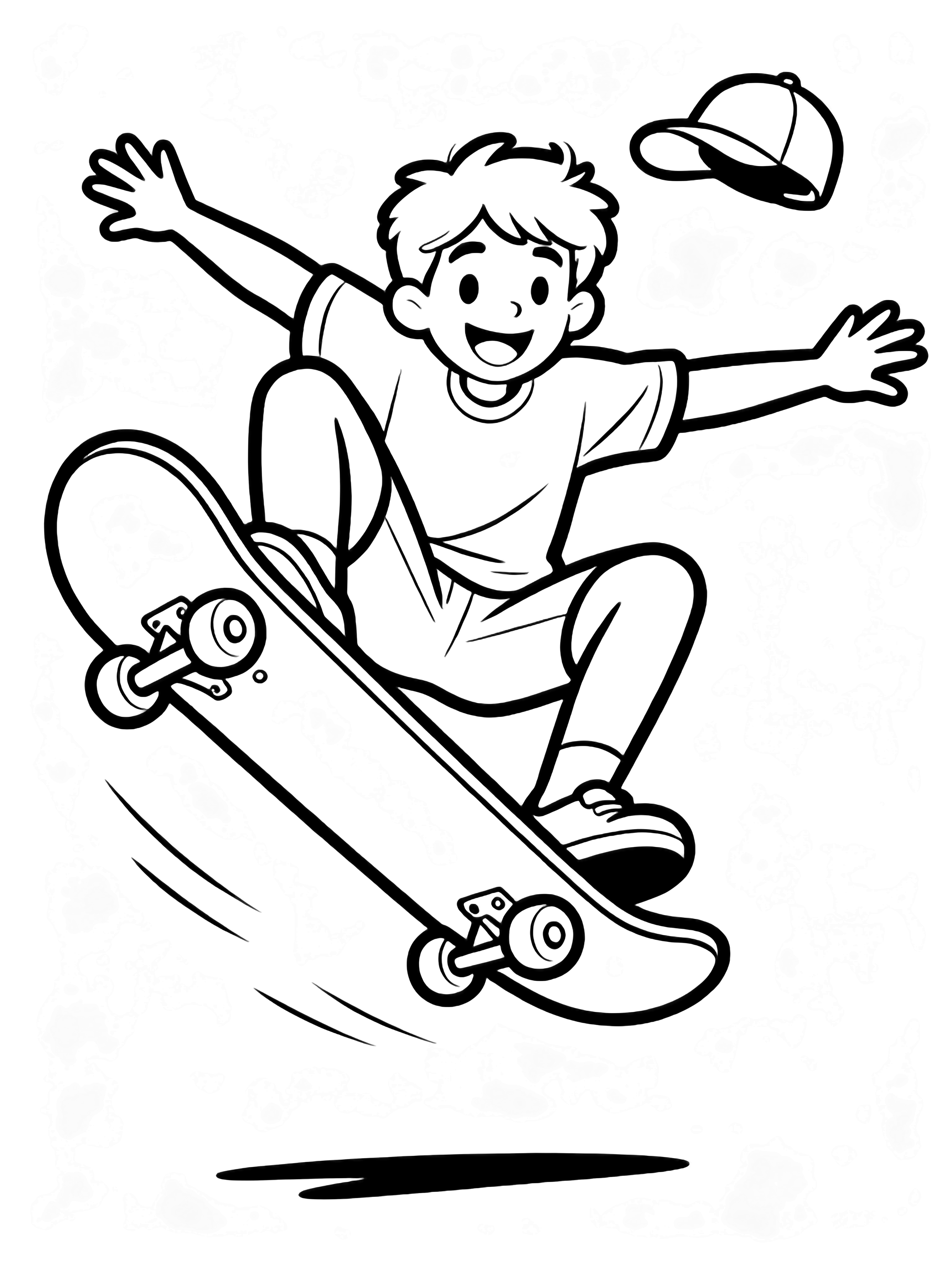 A smiling skateboarder kicks the board high mid-jump, arms wide, knees tucked, cap flying off, with motion lines. kleurplaat
