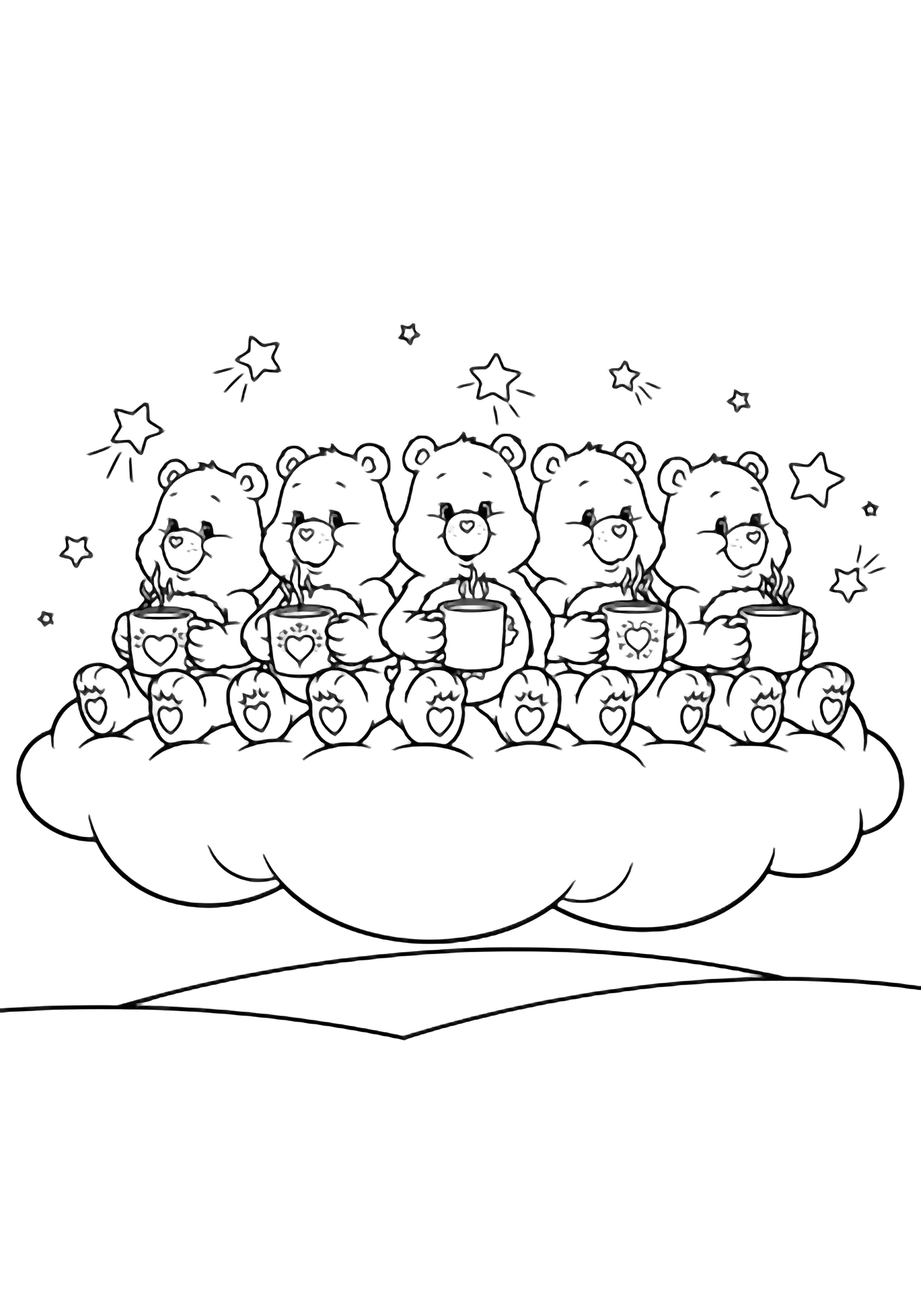 Five Care Bears sit in a row on a puffy cloud, each hugging a big mug while stars twinkle around them. kleurplaat