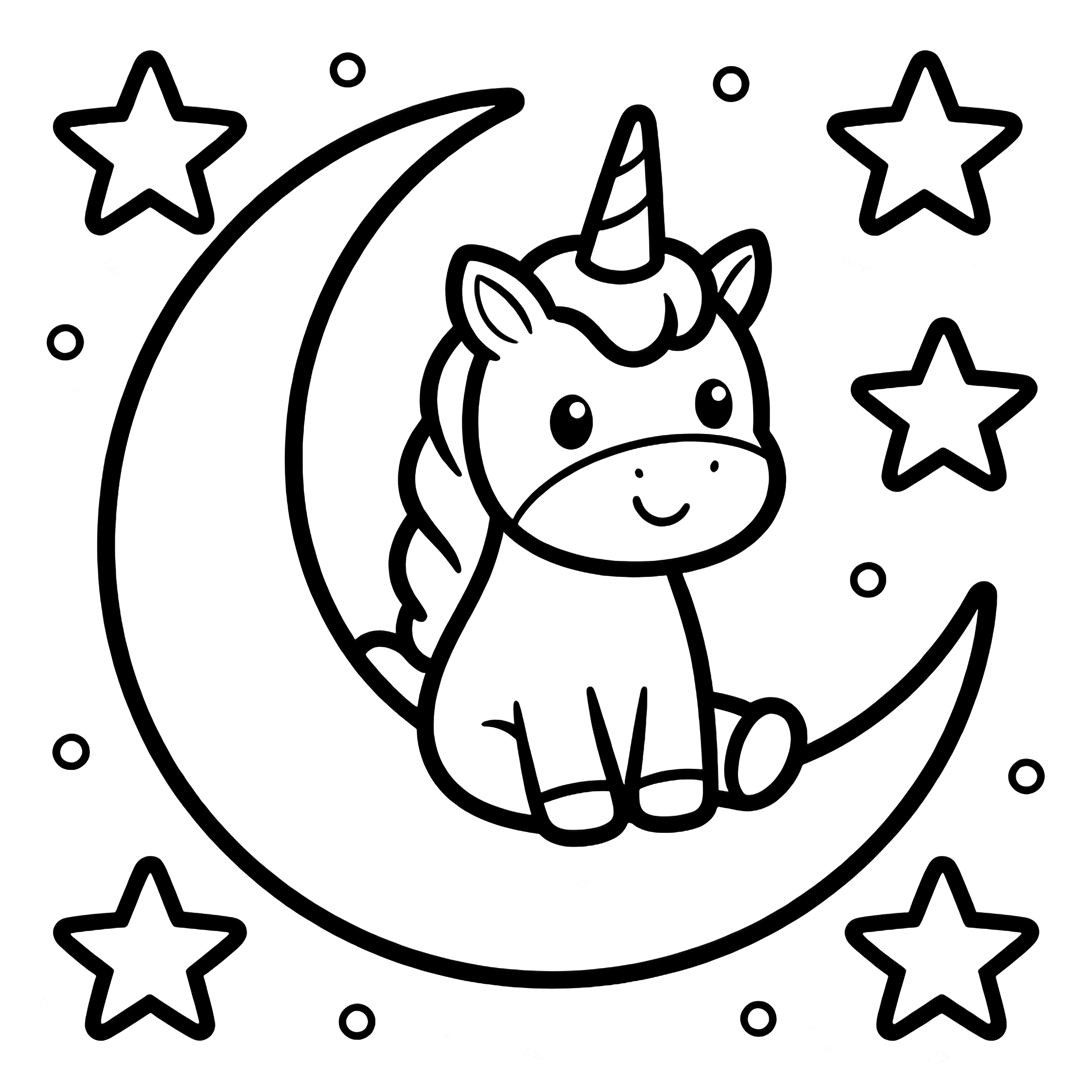 A smiling unicorn perched on a crescent moon amid five-point stars and tiny dots. kleurplaat