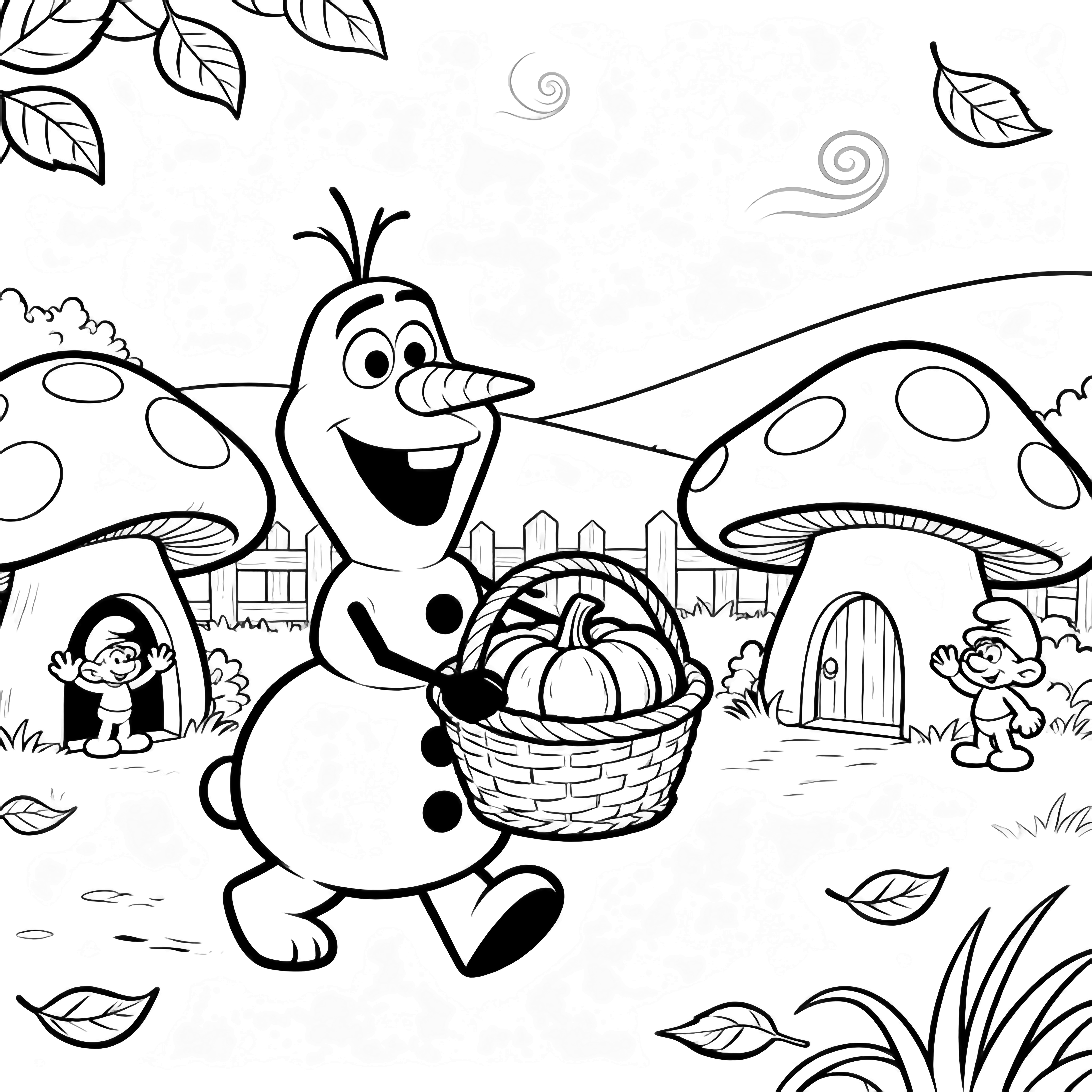 Olaf, carrot nose smiling, hauls a basket of pumpkins toward mushroom cottages while tiny Smurfs wave from doorways; drifting leaves, light fences and rolling hills complete the scene. kleurplaat