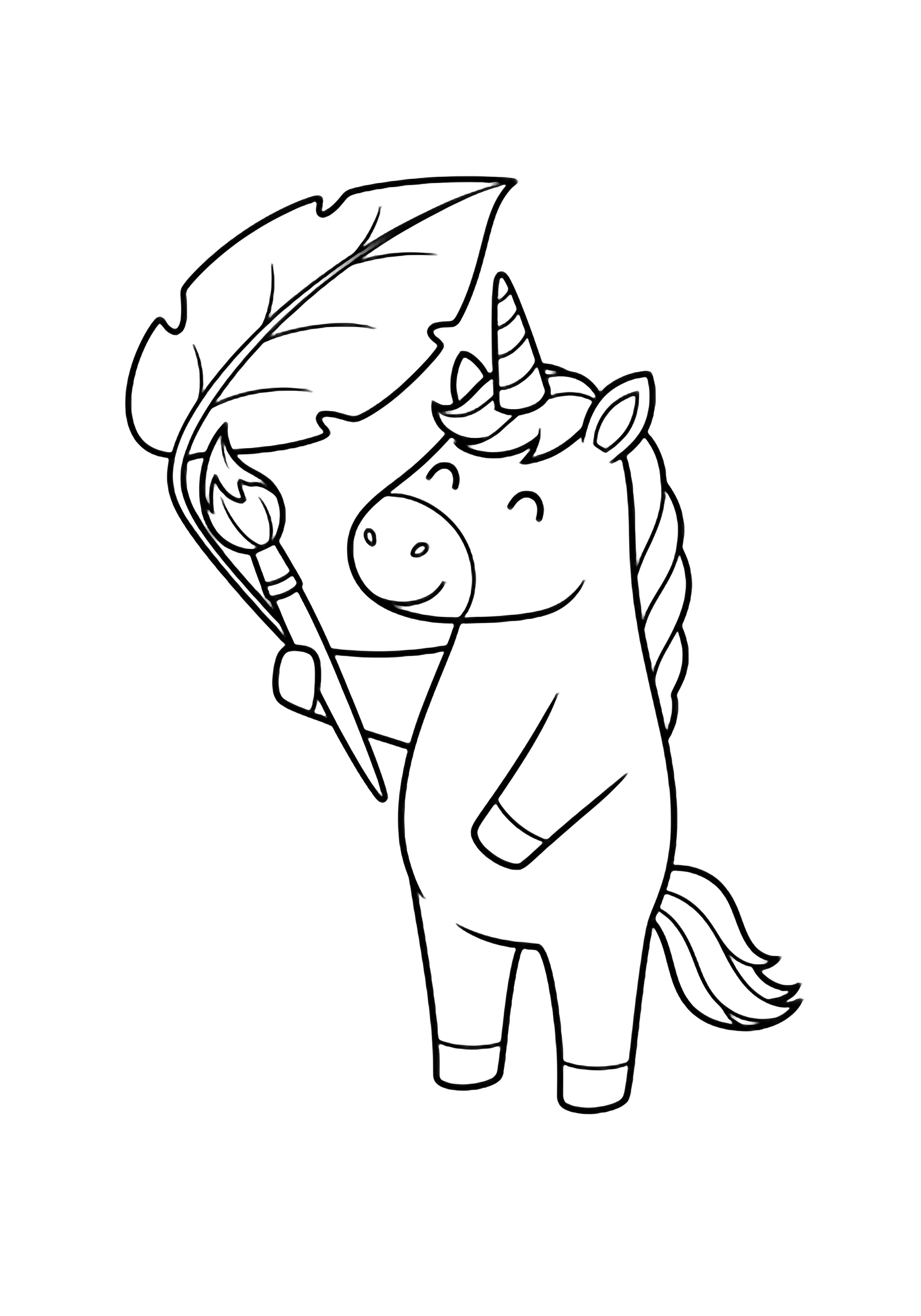 A cheerful unicorn stands upright, painting a large leaf with a brush; simple features, minimal mane and tail, no background. kleurplaat