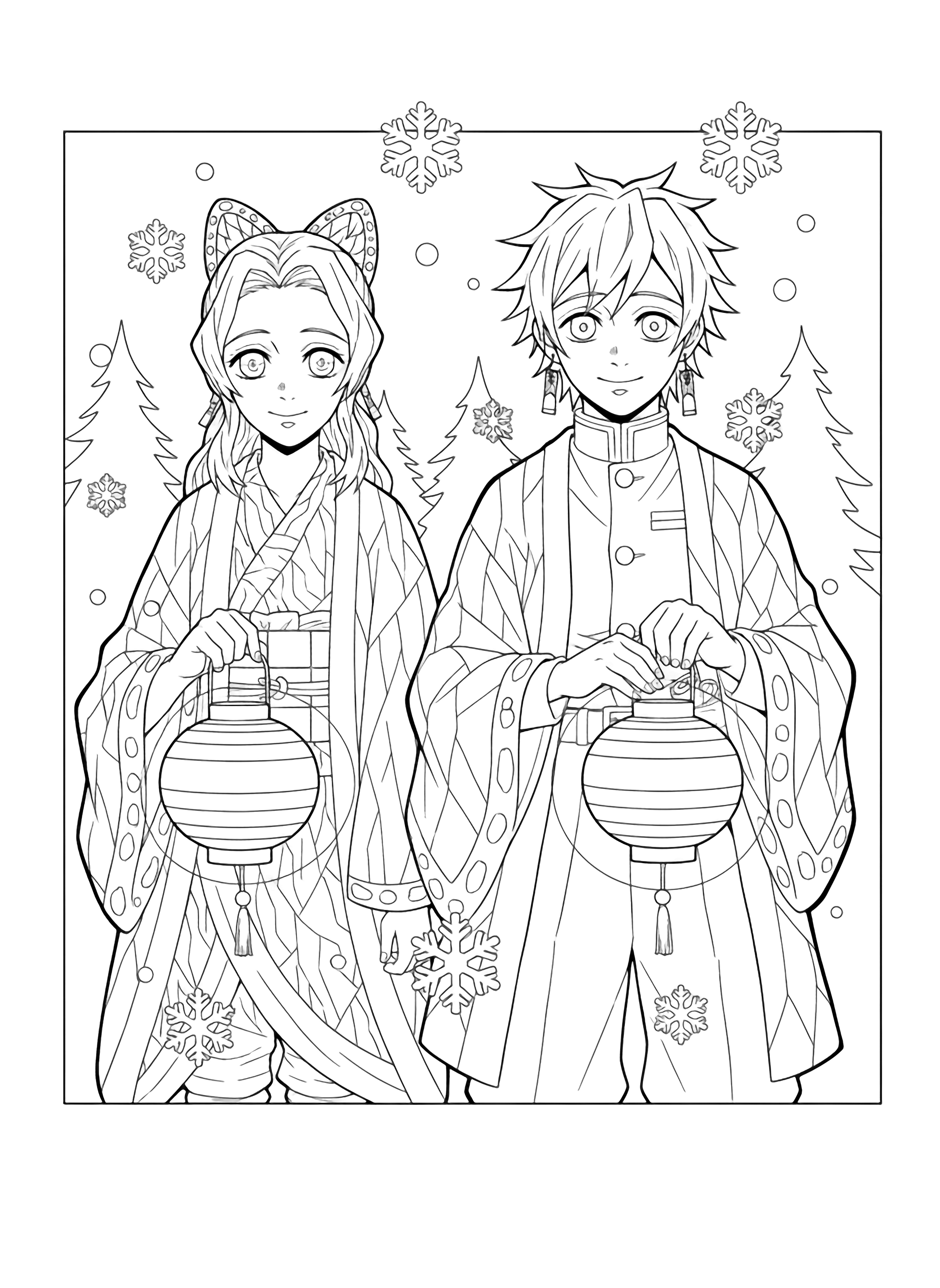 Shinobu and Giyu stand together smiling amid drifting snowflakes, each holding a lantern, with simple pine silhouettes behind them. kleurplaat