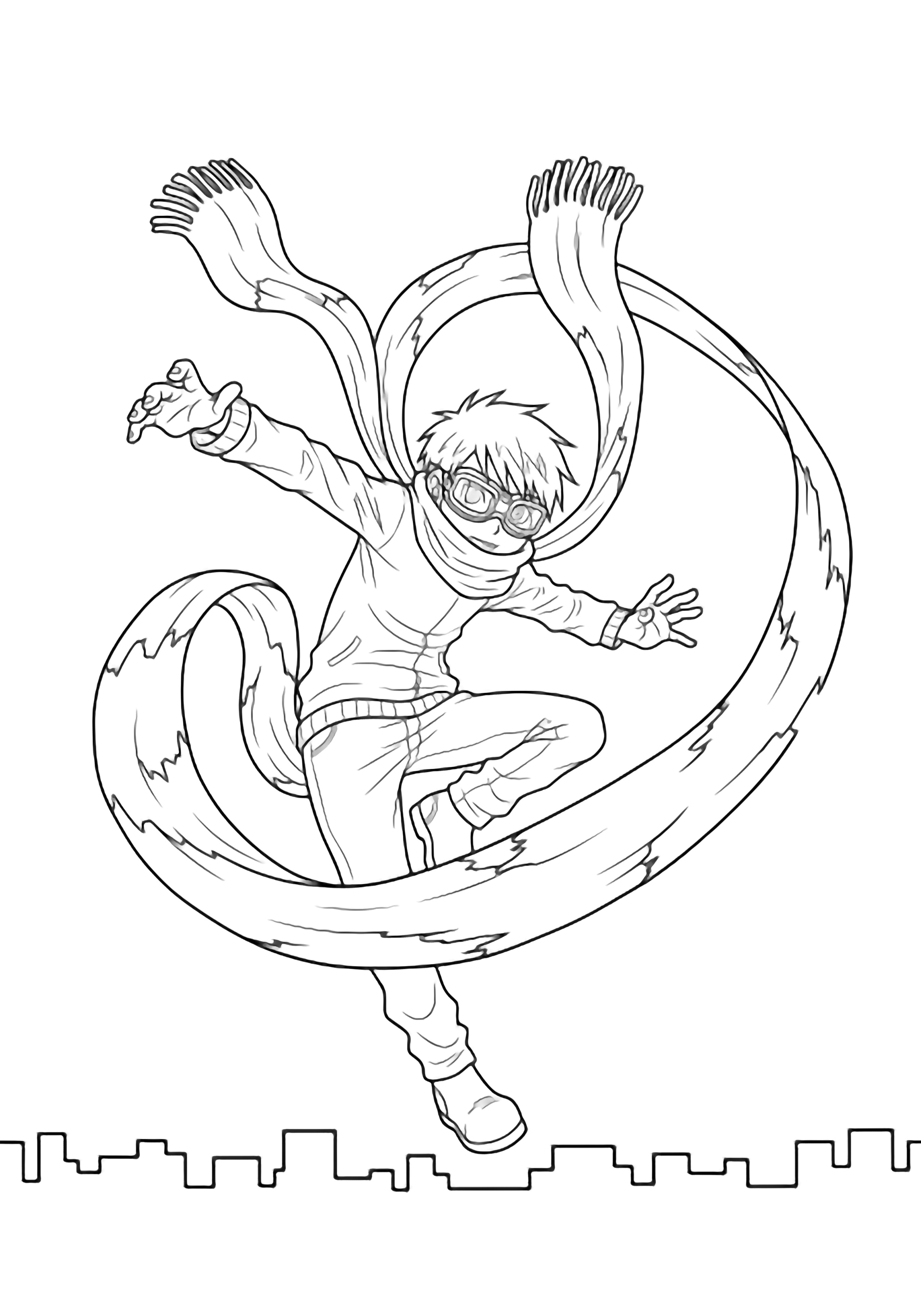Eraser Head leaps through the air, his long scarf looping around him, with a simple city skyline behind. kleurplaat
