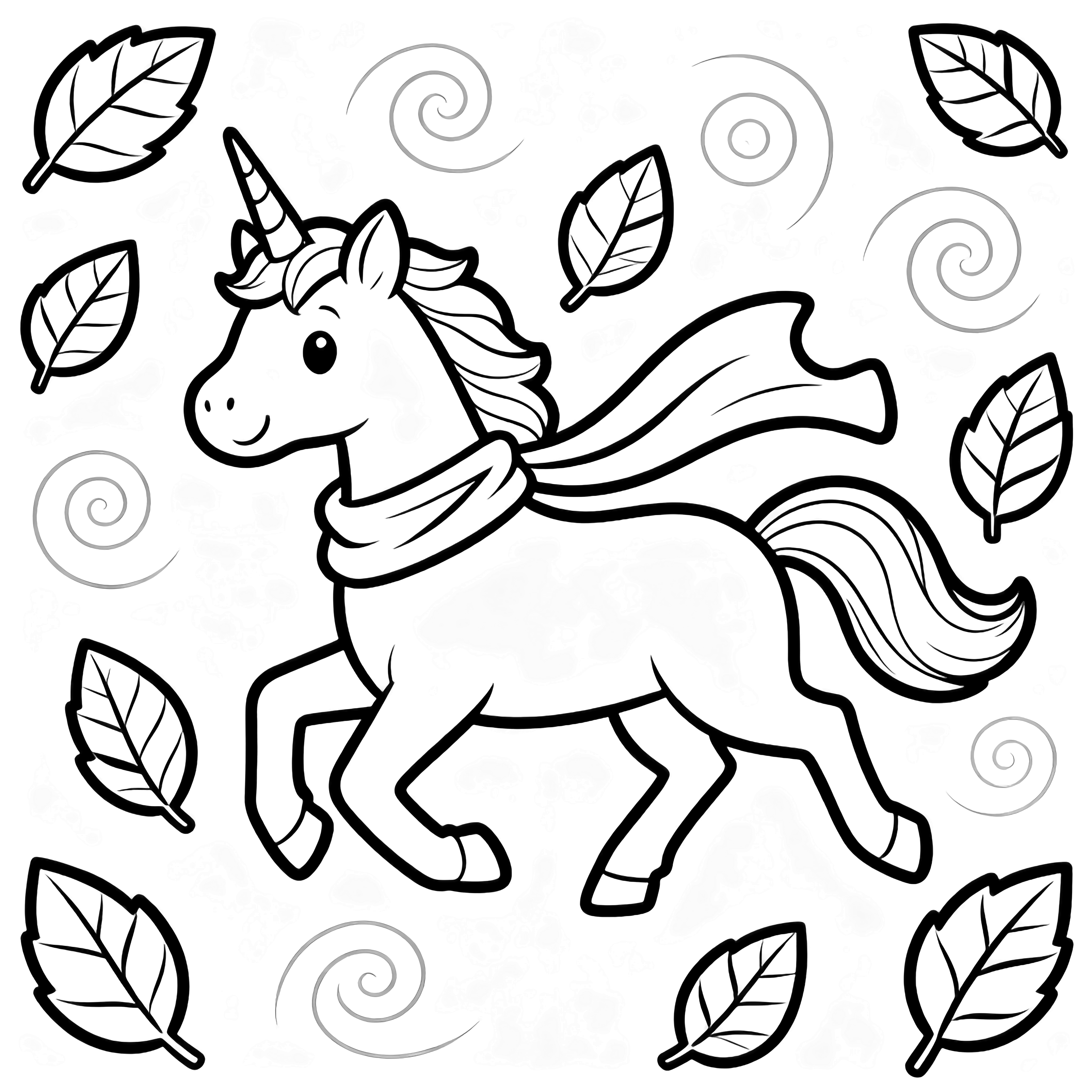 A smiling unicorn wearing a flowing scarf trots along while swirling leaves dance around its mane and tail. kleurplaat