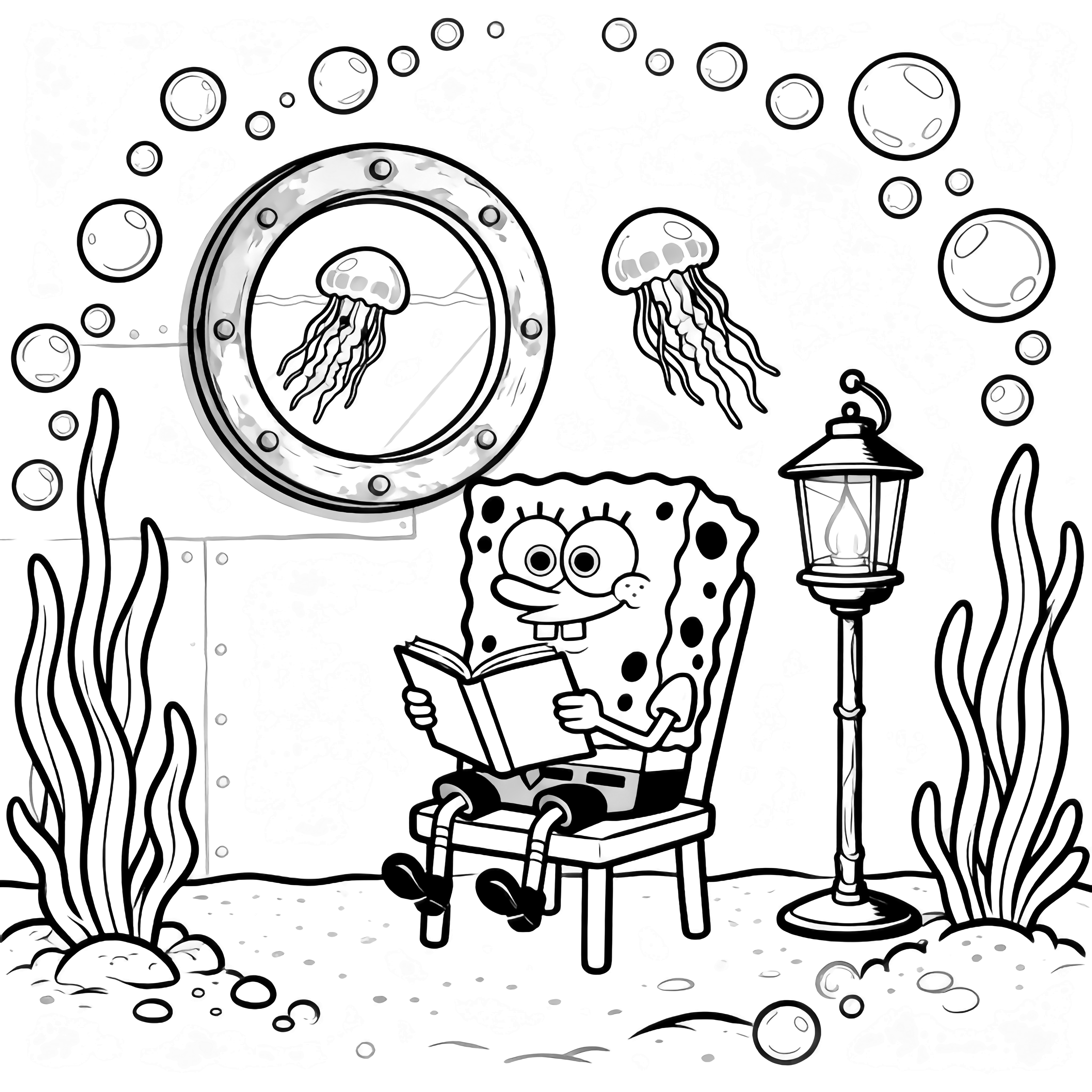 SpongeBob relaxes on a chair reading, lantern beside him, jellyfish drifting past a porthole, kelp bubbles around. kleurplaat
