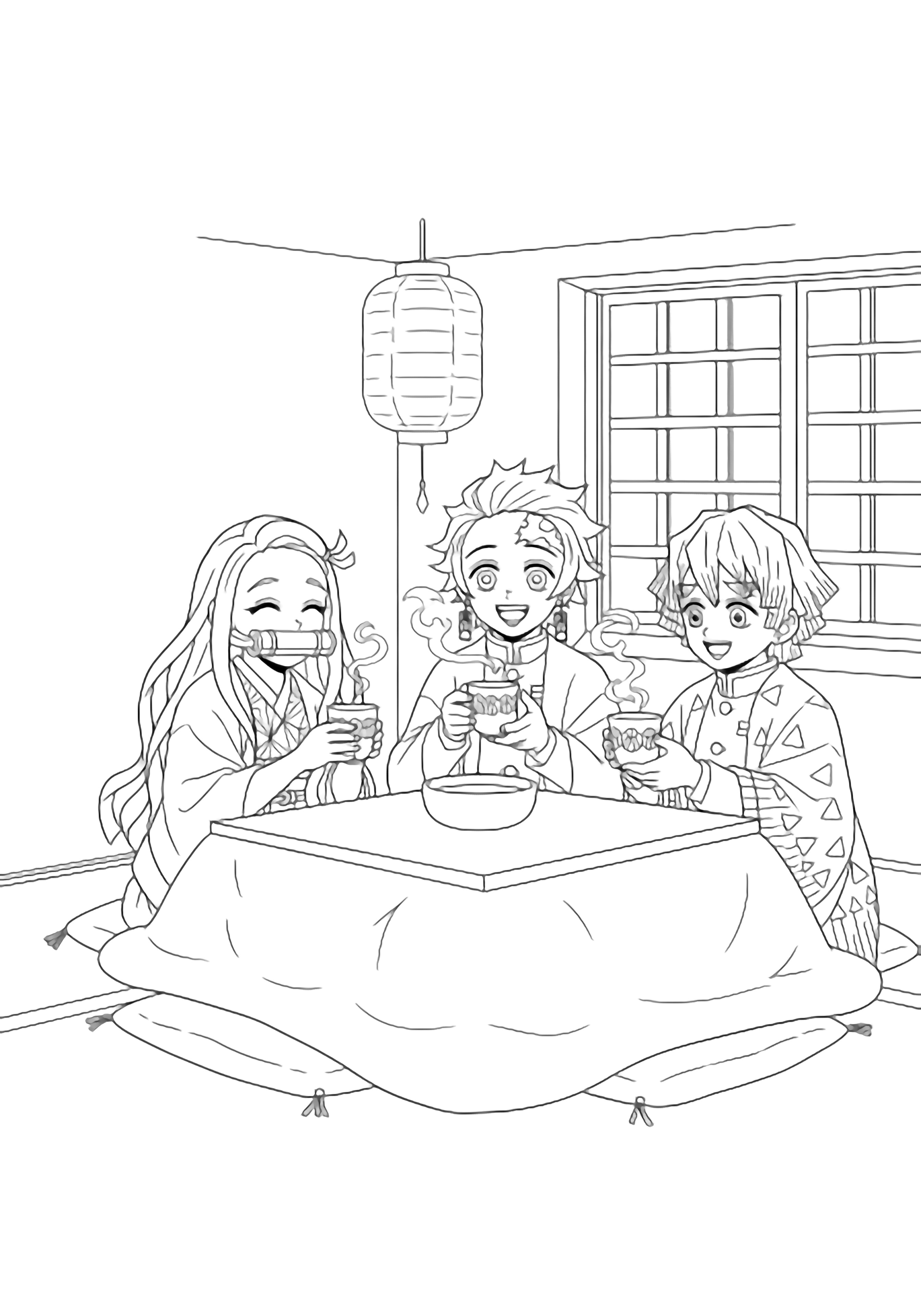 Nezuko, Tanjiro, and Zenitsu sit happily around a low kotatsu; steaming teacups, cheerful faces, tatami window, paper lantern. kleurplaat