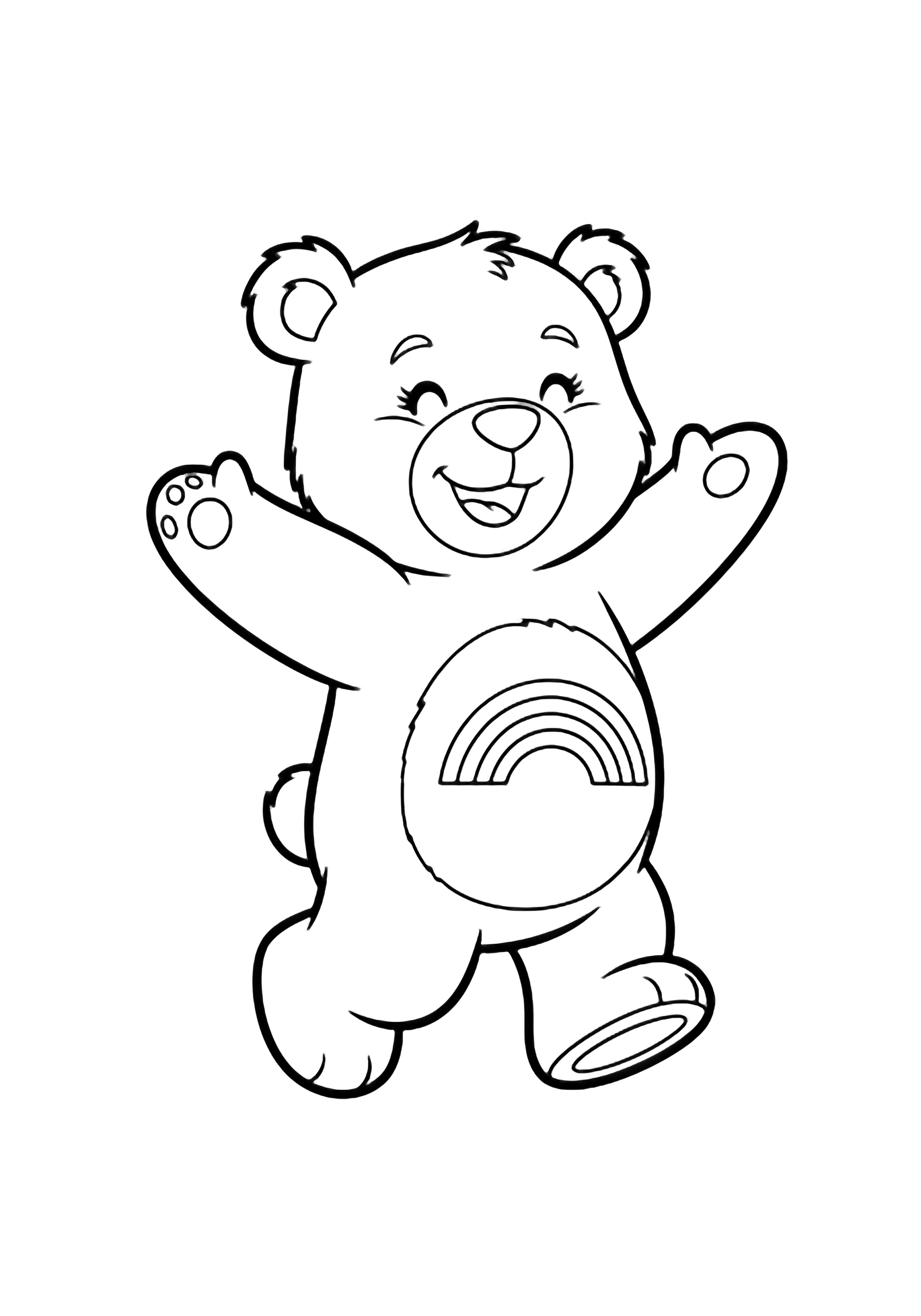 Cheer Bear leaps joyfully mid-air, arms spread, tummy badge visible, ear tufts sketched, smiling eyes, legs bent in a happy hop. kleurplaat