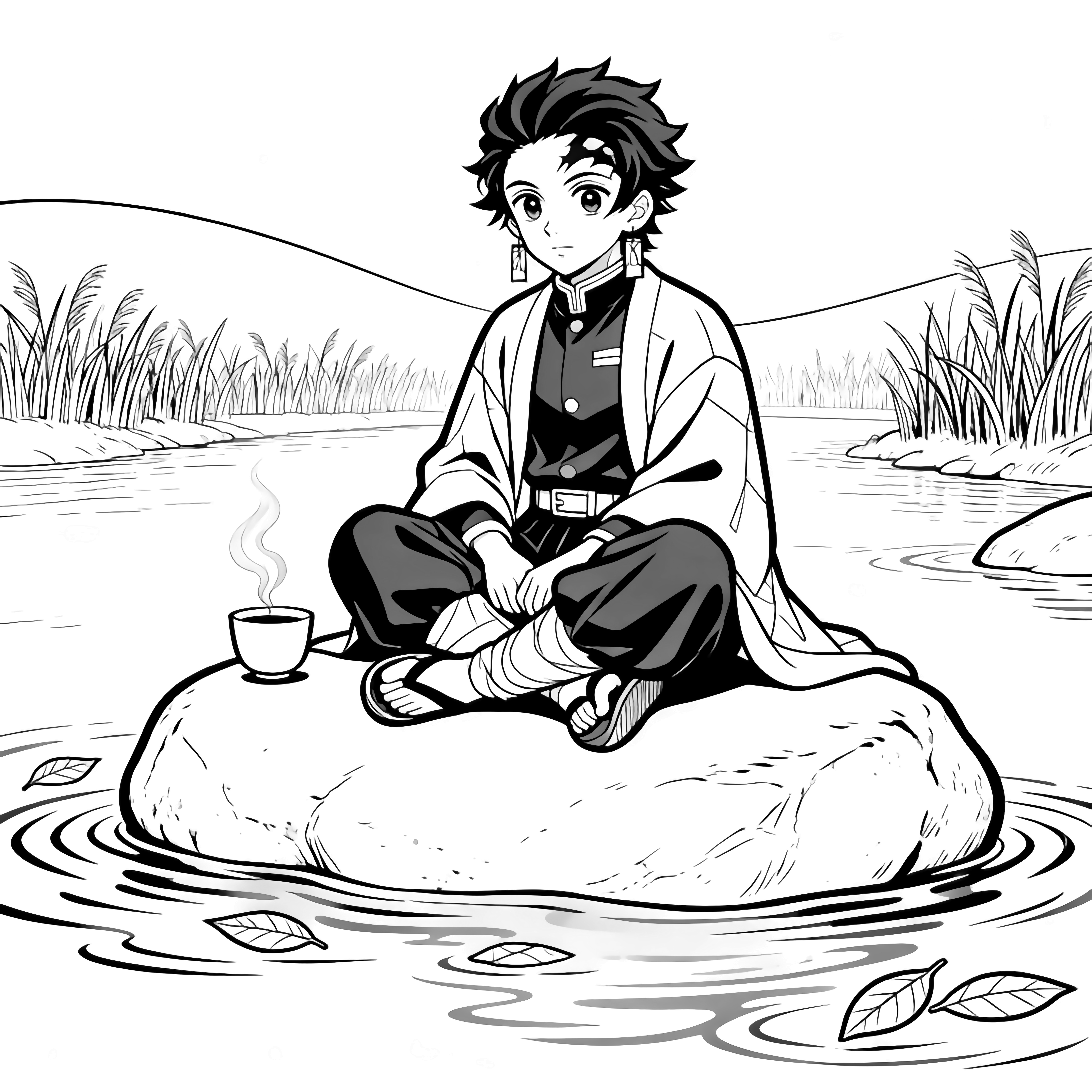 Giyu Tomioka meditates cross-legged on a riverside rock, a steaming teacup nearby, leaves drifting past his sandals, reeds and a curved horizon behind. kleurplaat