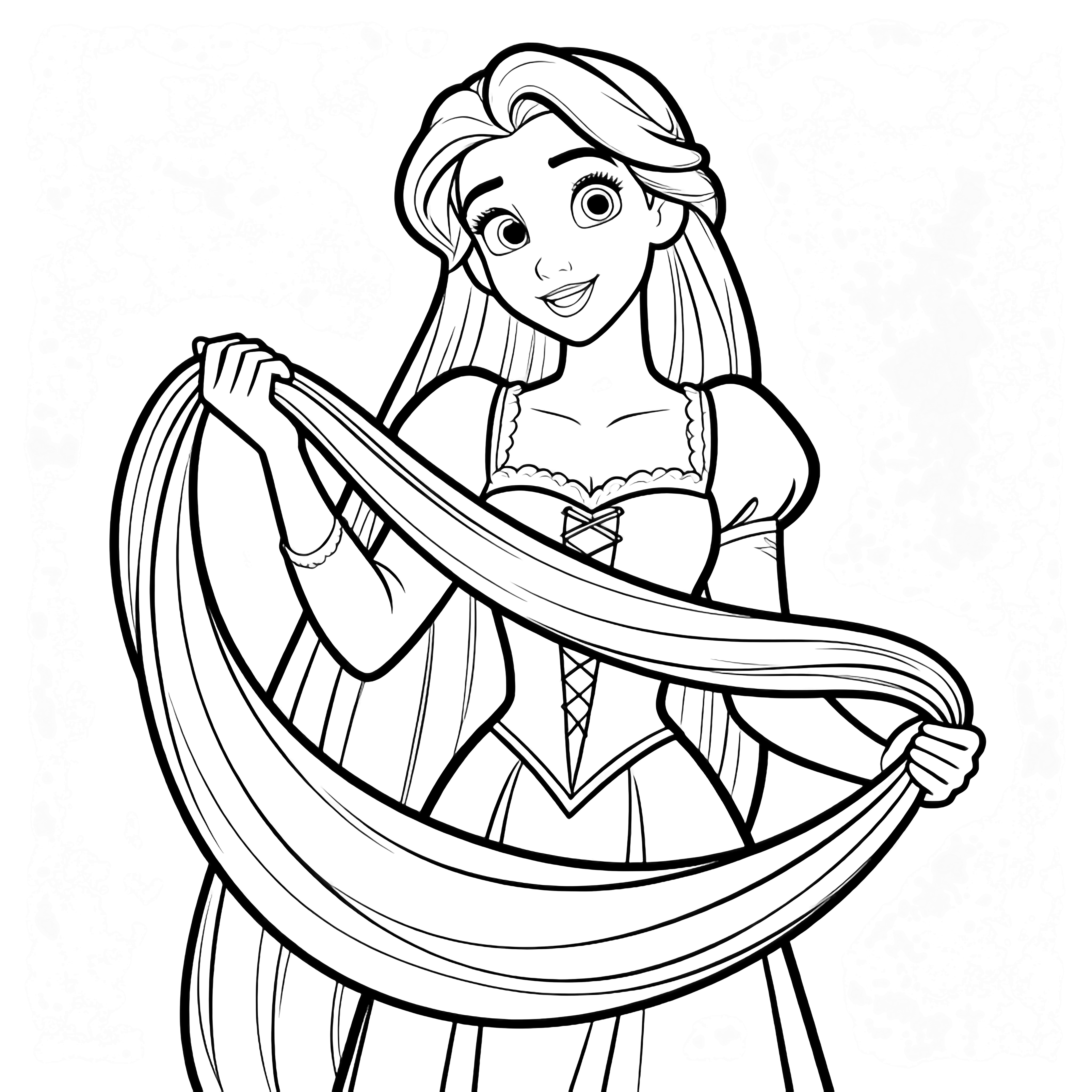 Rapunzel stands centered, gently holding her long hair that loops around her like a ribbon. kleurplaat