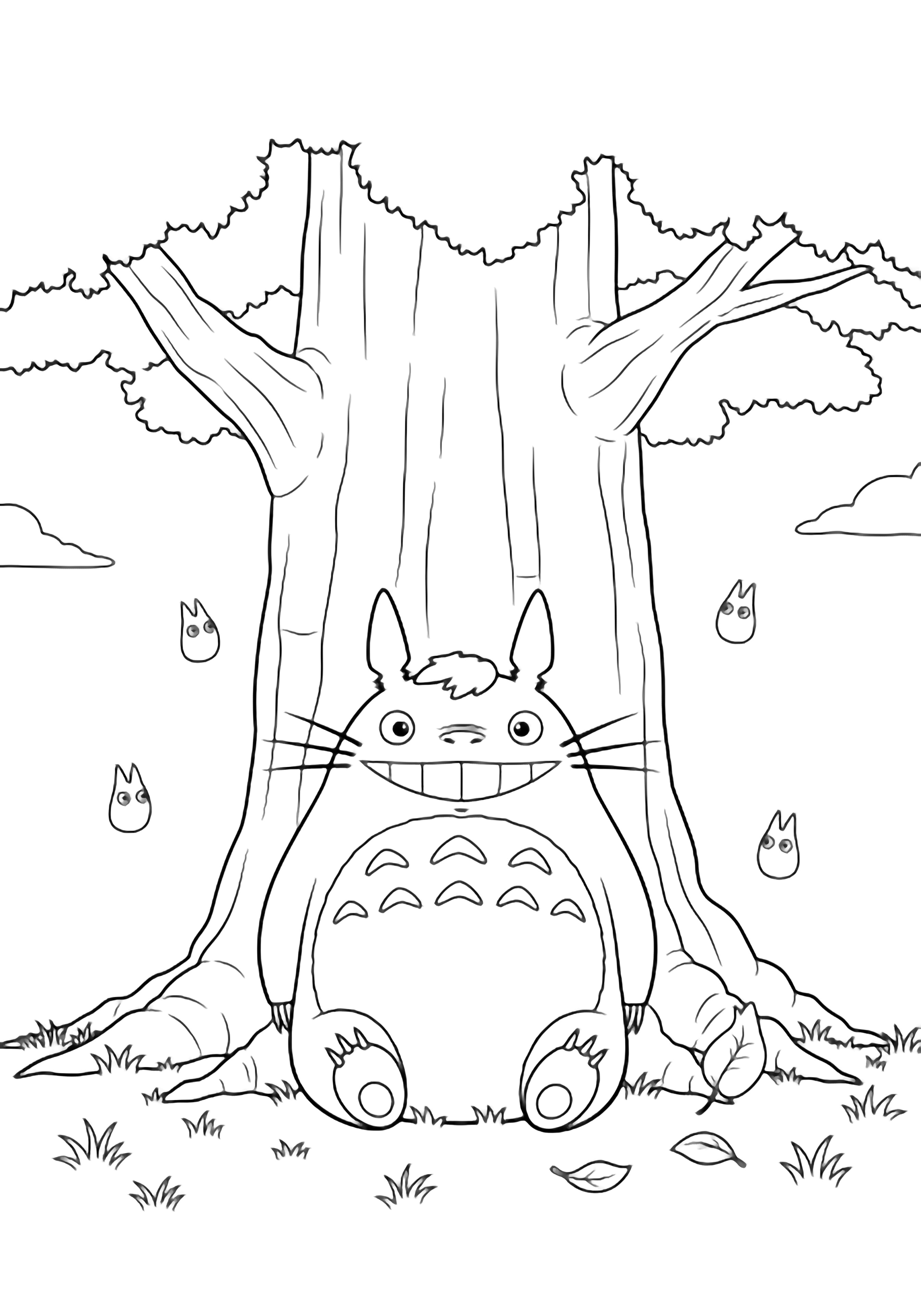 Totoro sits happily beneath a large tree, tiny forest spirits drifting nearby, minimal grass and leaves, open sky. kleurplaat