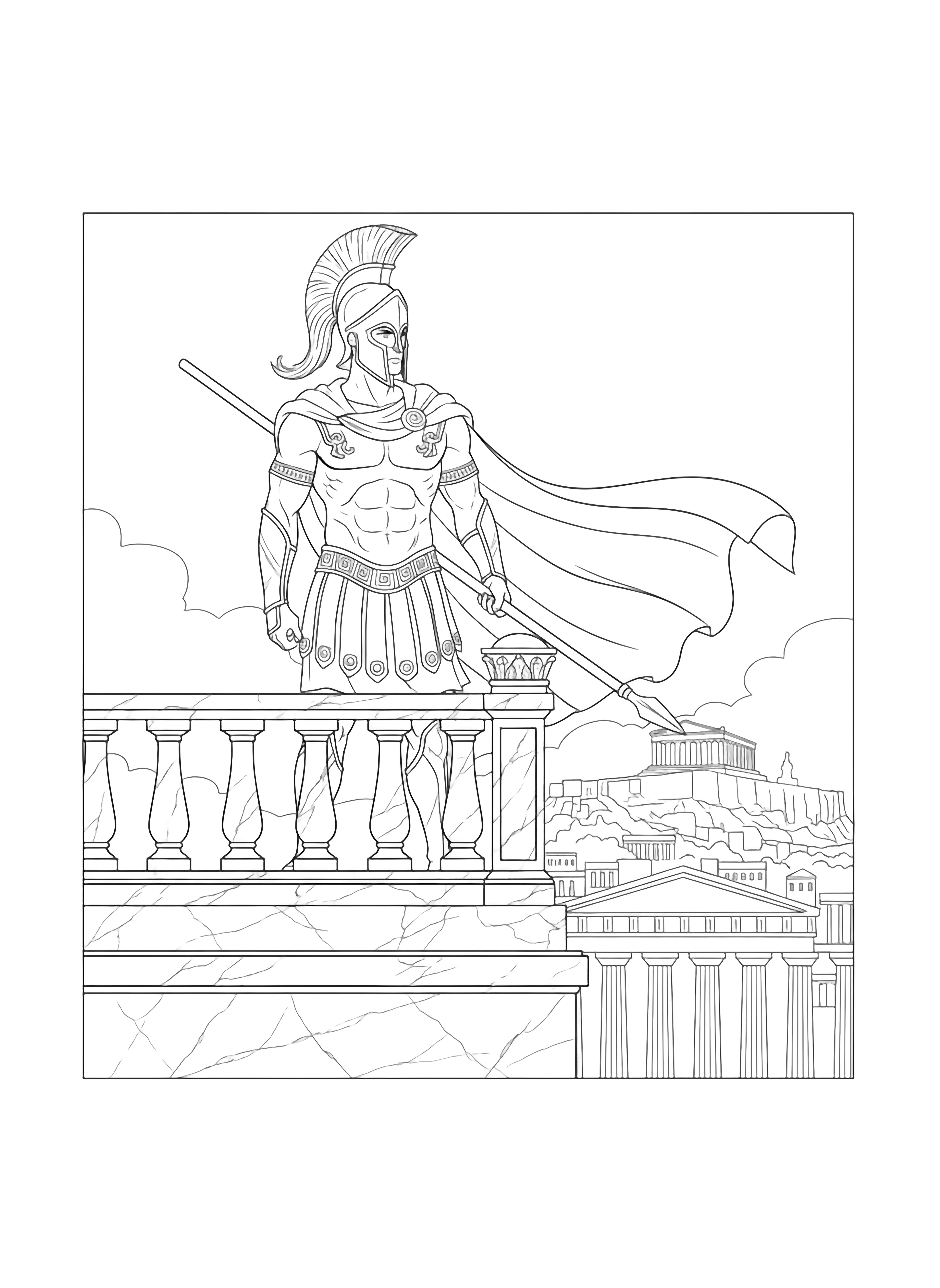A black and white page featuring a brave Spartan prince standing proudly on a marble balcony overlooking the ancient city He wears a traditional crested helmet with a prominent plume and a decorative cuirass with geometric patterns His cloak flows dramatically in the wind In the background simple outlines of temple columns and the iconic clean black and white line drawing minimal shading no colour no fill kleurplaat