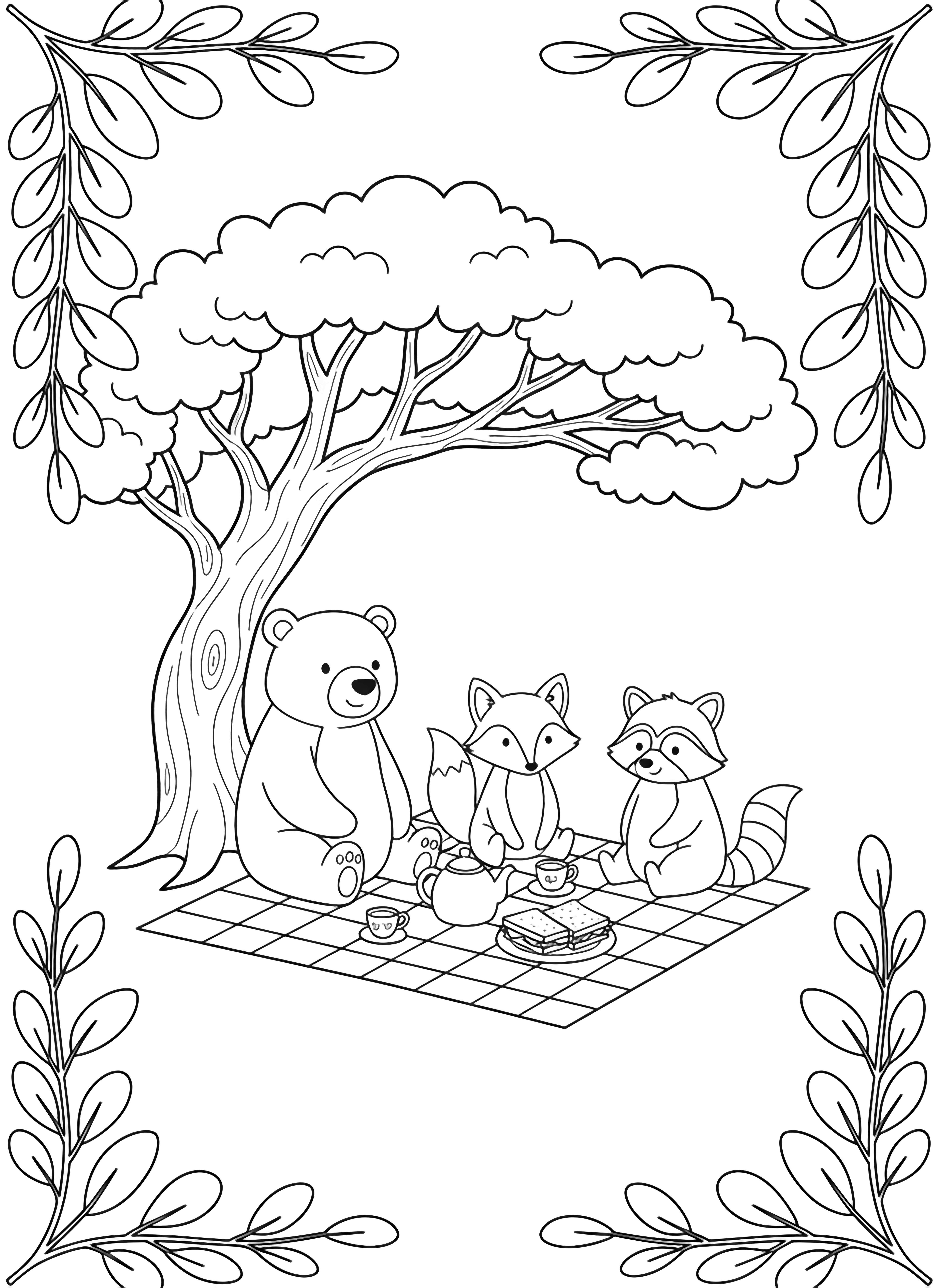 A bear, fox, and raccoon picnic beneath a big oak, sharing tea and sandwiches on a blanket, framed by simple leaves. kleurplaat