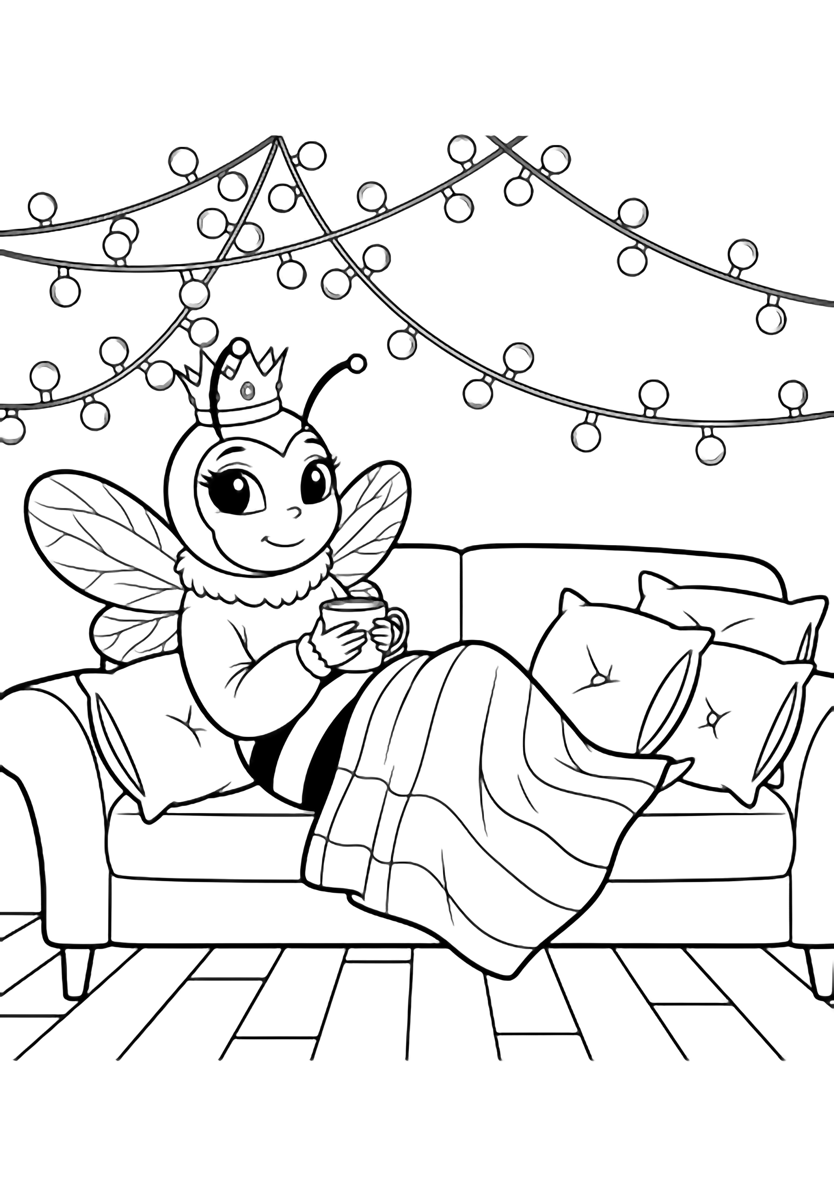 Queen Bee relaxes on a sofa under a striped blanket, holding a mug, with fairy lights overhead and floorboards below. kleurplaat
