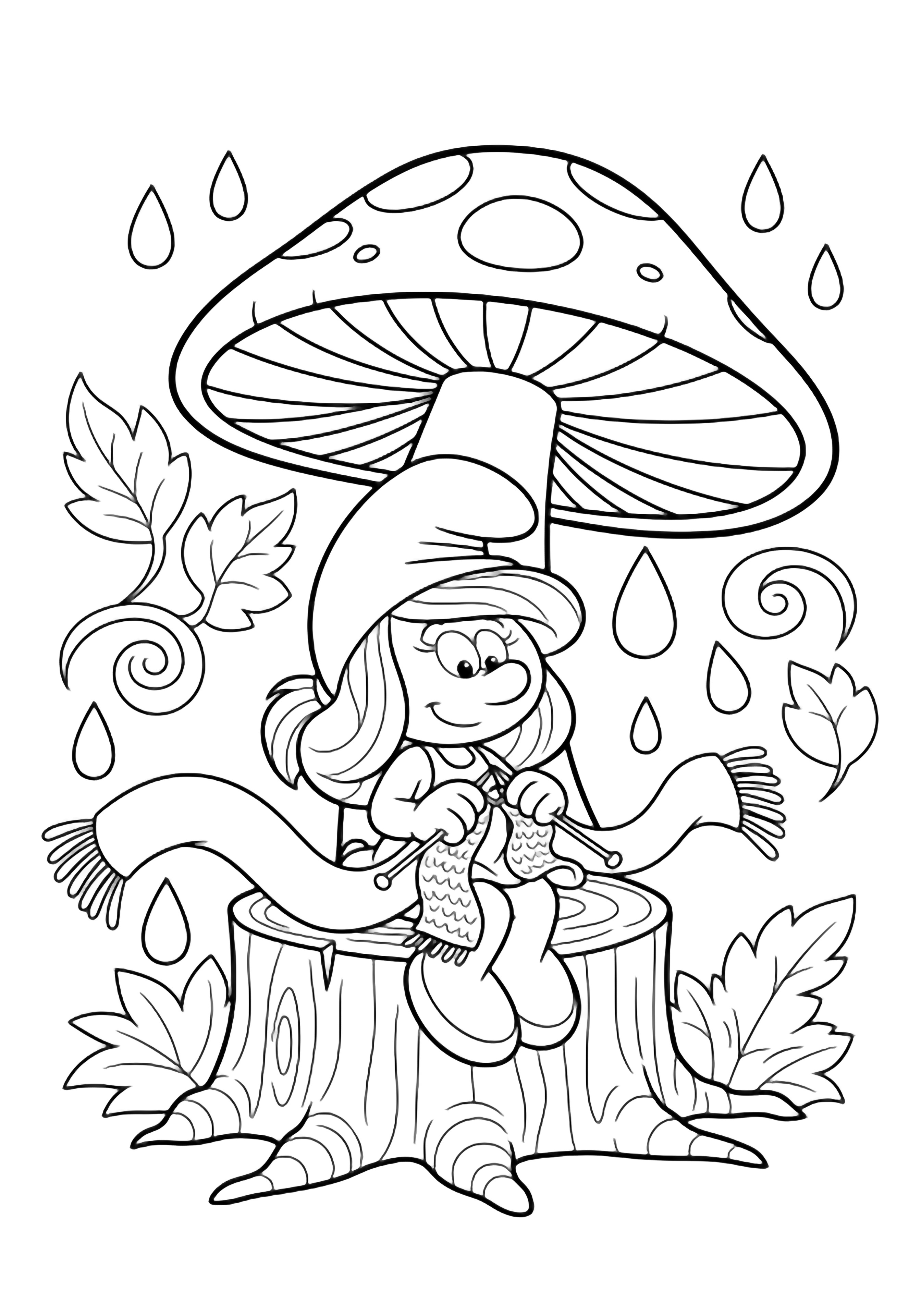 Smurfette perched on a stump knitting a long scarf beneath a towering mushroom while swirling leaves and raindrops drift around her. kleurplaat