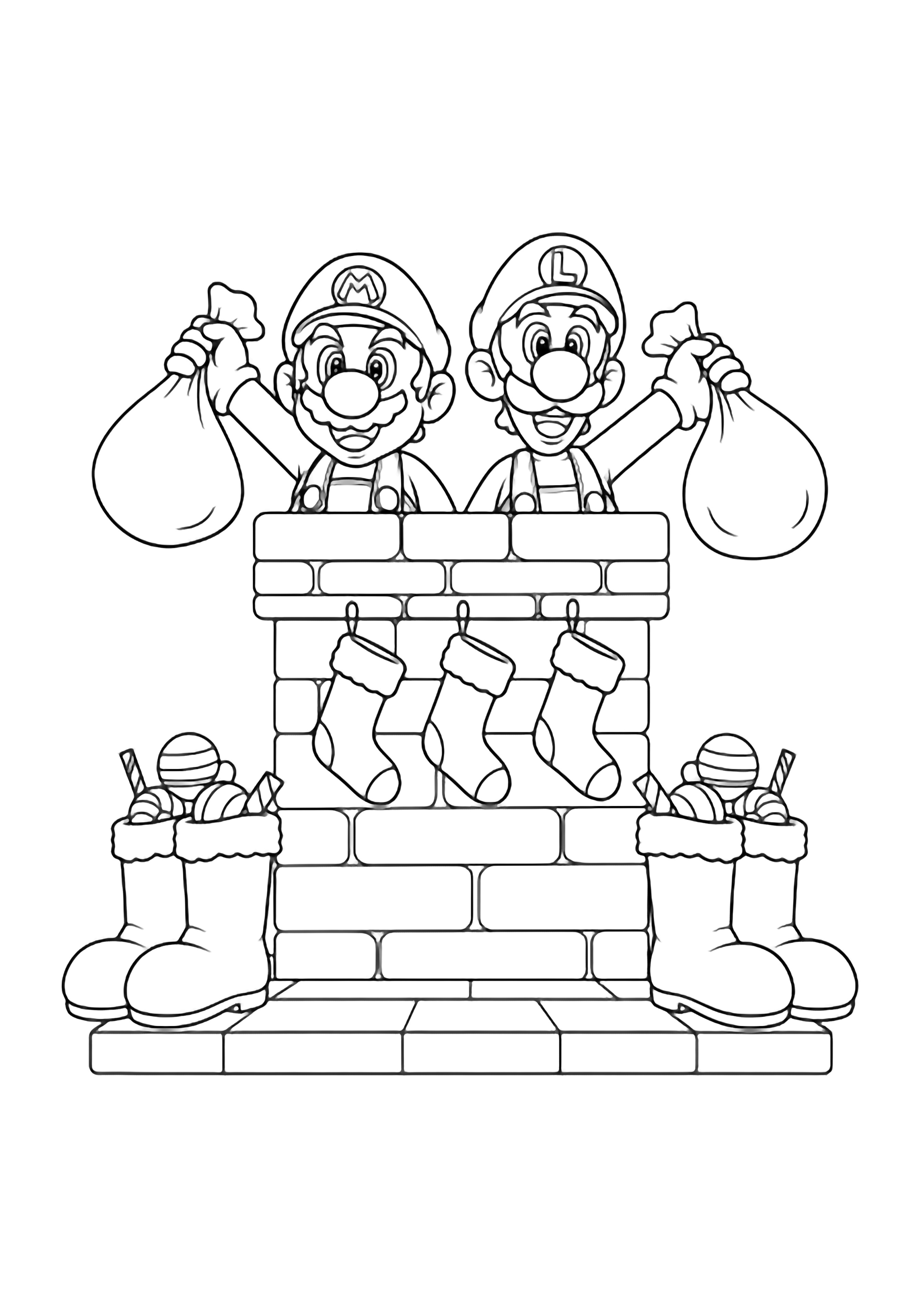 Mario and Luigi leap from a brick chimney with empty sacks; below, two tall boots stand beside a hearth hung with three stockings. kleurplaat