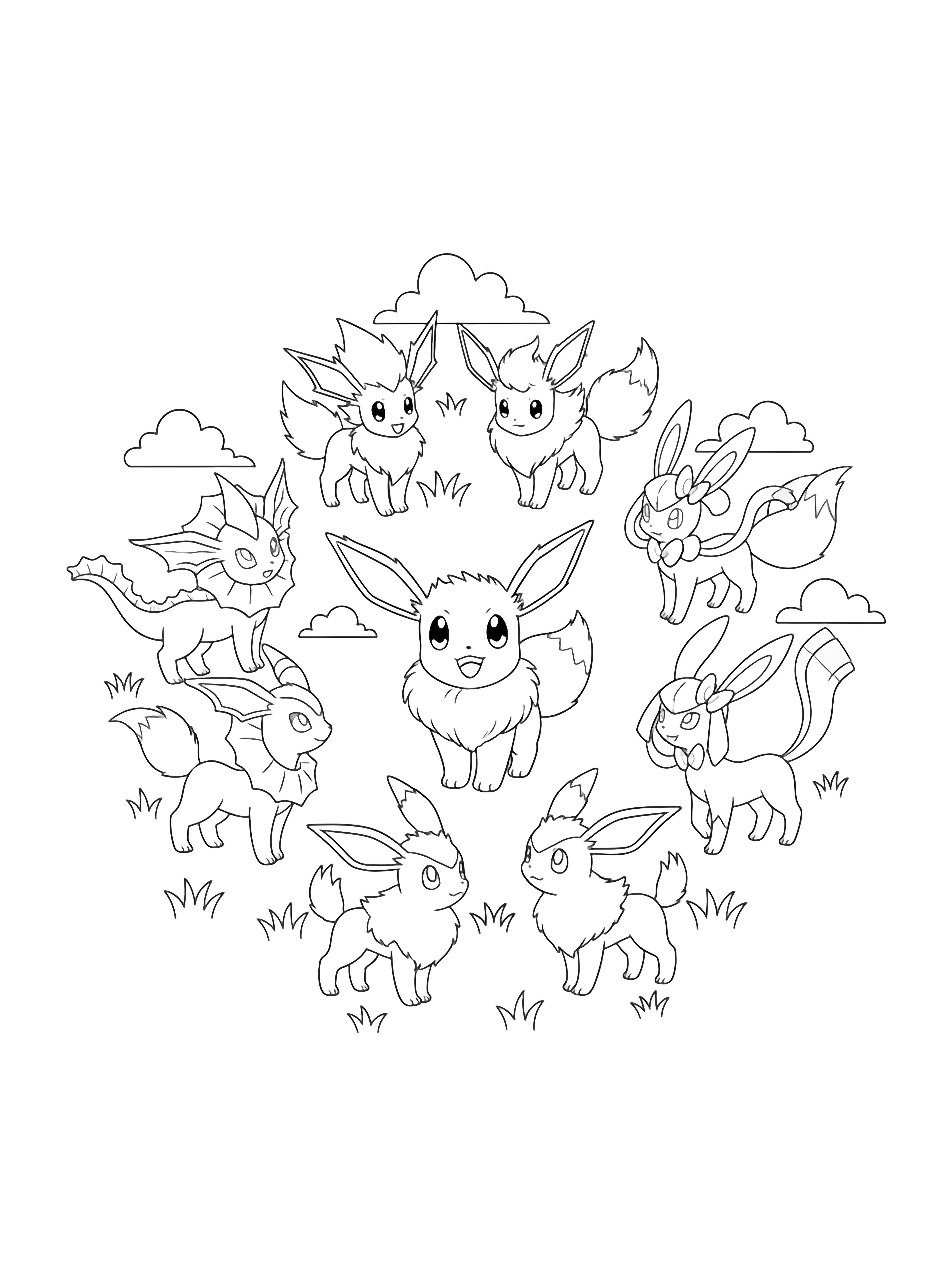 Cheerful Eevee stands centered, encircled by eight upright evolution forms, with simple grass tufts and clouds around them. kleurplaat