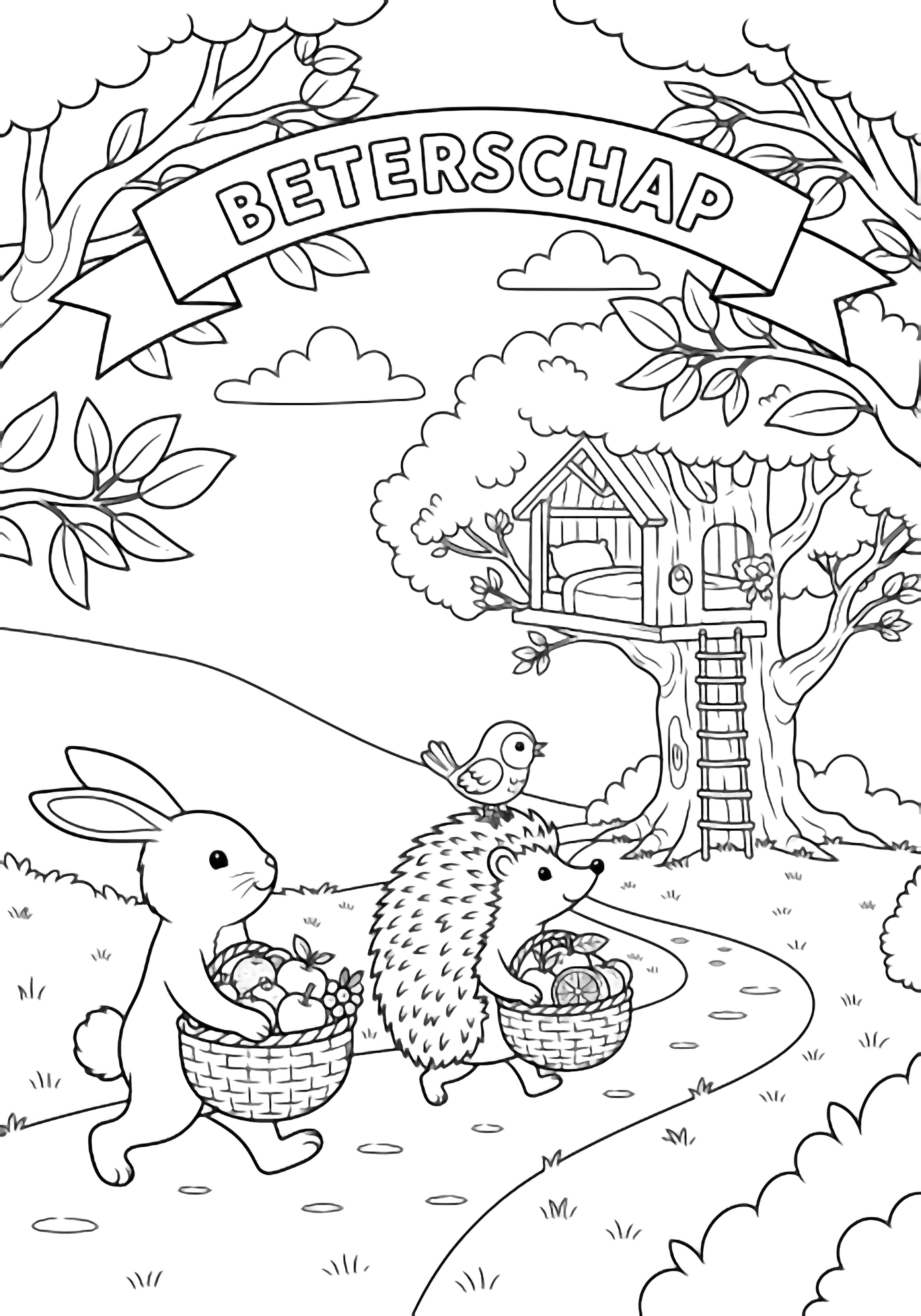 Rabbit, hedgehog and bird tote baskets of round fruit along a curving path to a cozy treehouse bed, framed by leafy trees, simple clouds and a "Beterschap" banner overhead. kleurplaat