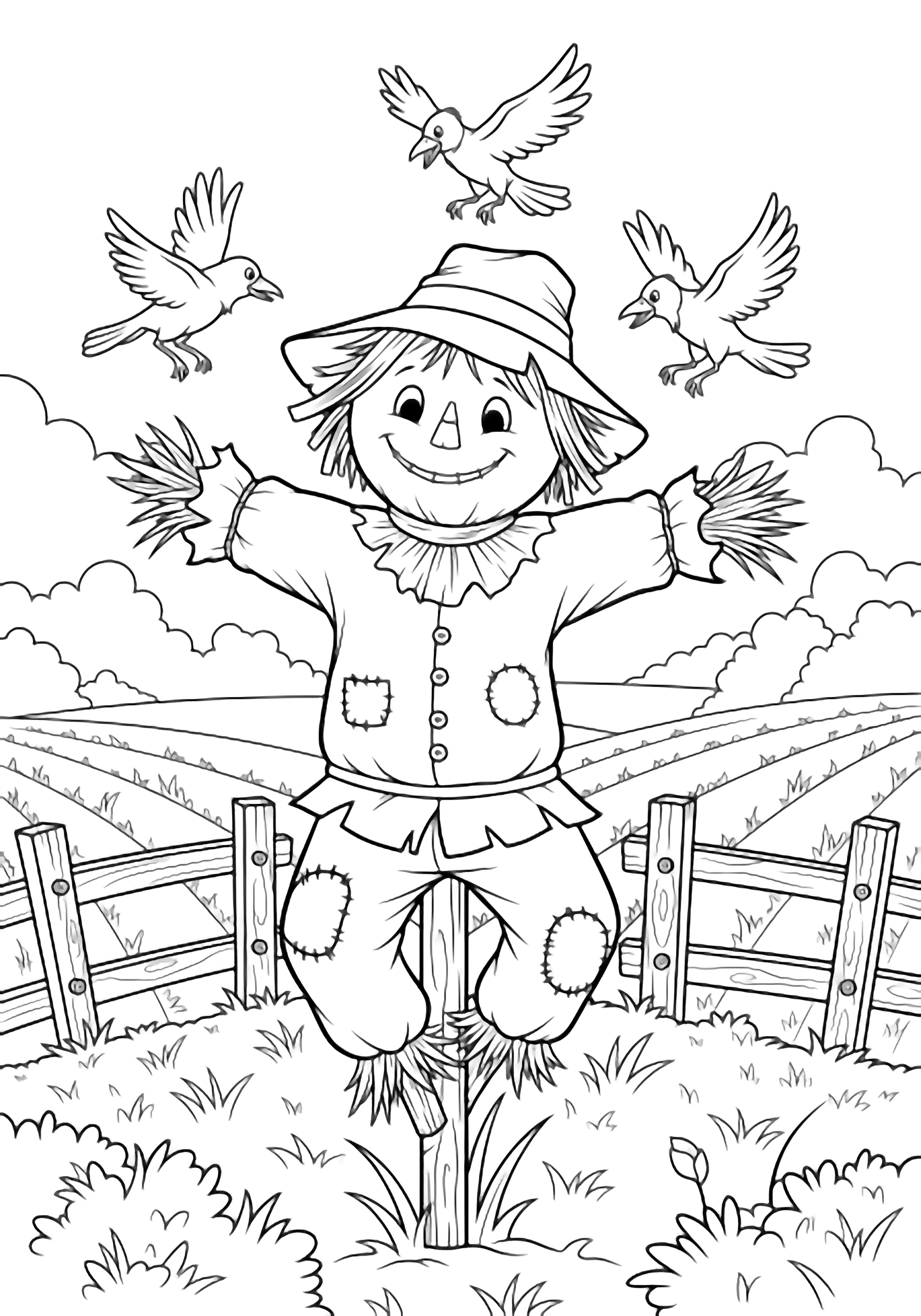 A smiling scarecrow waves from a post while three crows flutter above a fenced field of crops. kleurplaat
