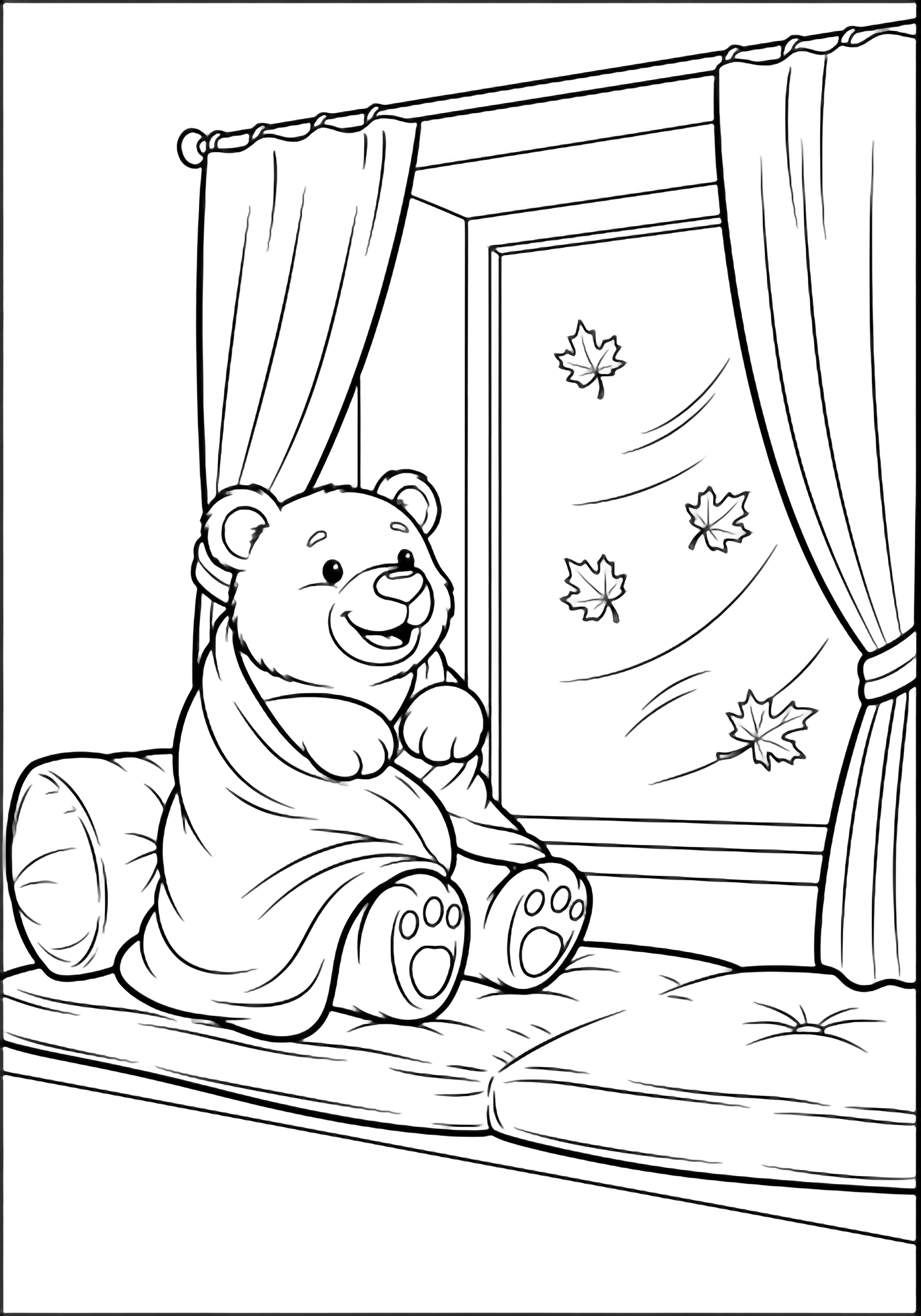 A cheerful bear wrapped in a blanket sits on a cushioned window seat, paws on the sill, watching maple leaves drift past tied-back curtains in an empty room. kleurplaat