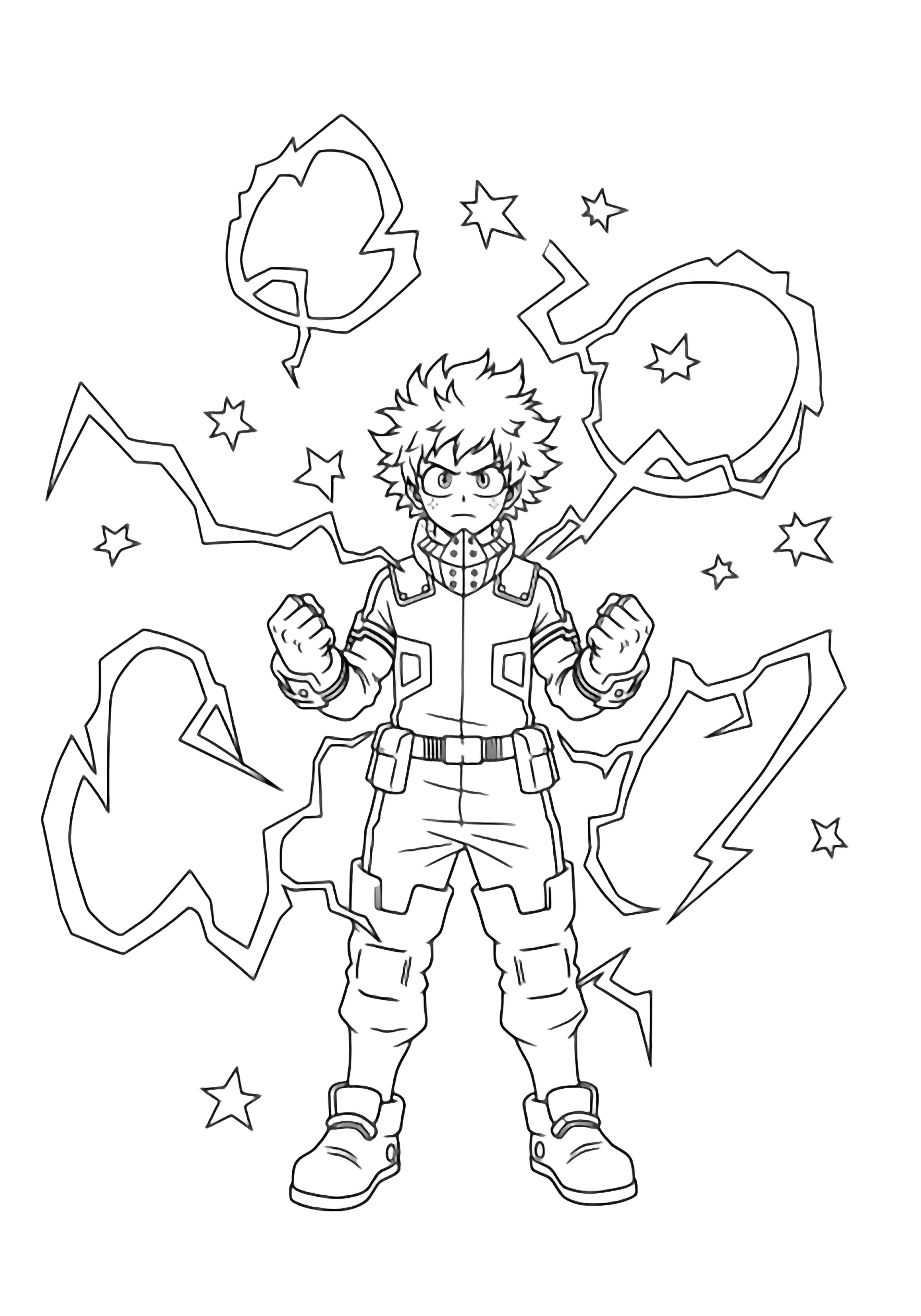 Deku stands centered, fists clenched, hair spiking upward, surrounded by crackling lightning bolts, big loops, and stars. kleurplaat