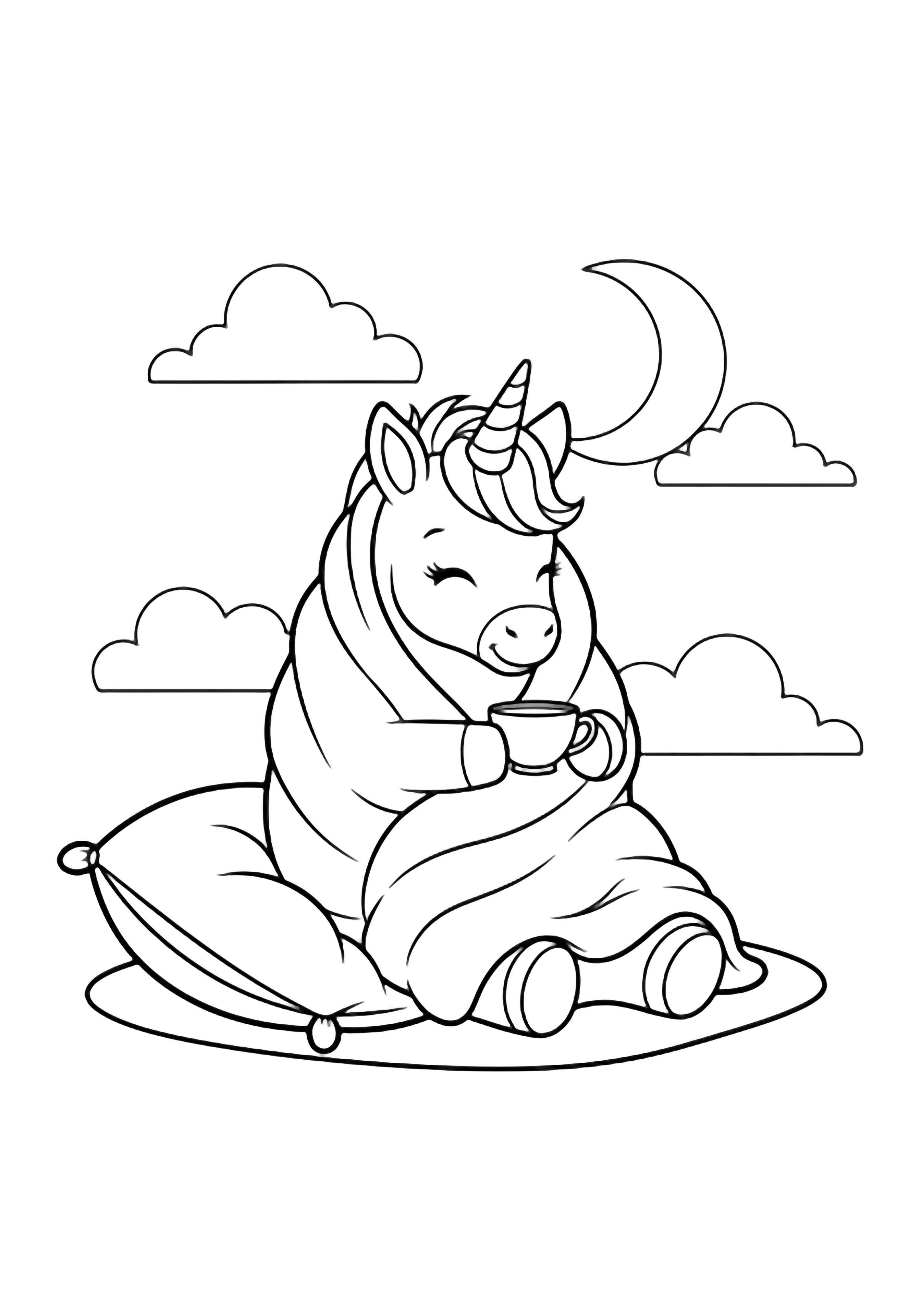 A baby unicorn wrapped in a fluffy blanket sits holding a tiny teacup, with clouds, a crescent moon, and a soft pillow beneath. kleurplaat