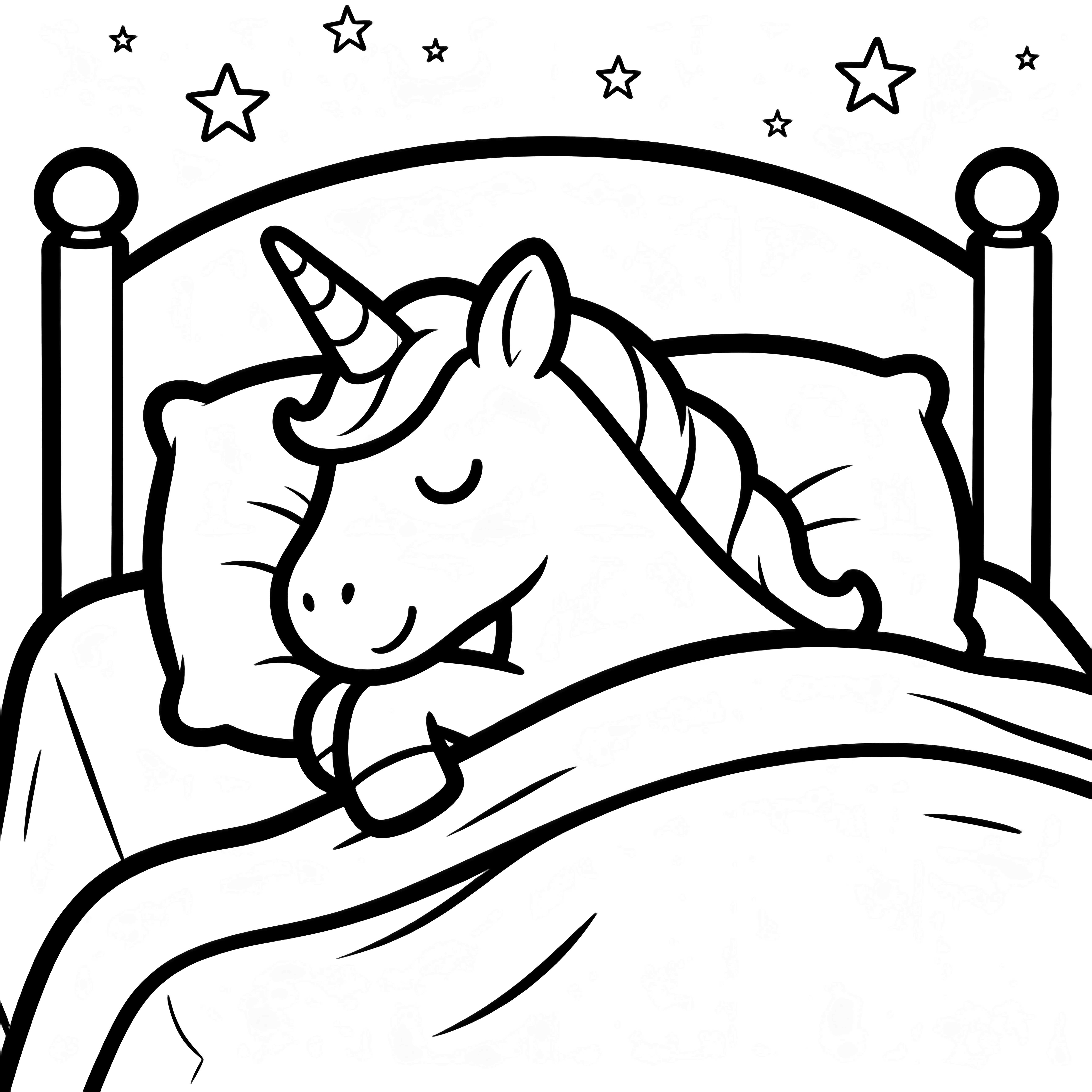 A smiling unicorn lounges on a blanket, head on a pillow, beneath a simple headboard while tiny stars drift overhead. kleurplaat