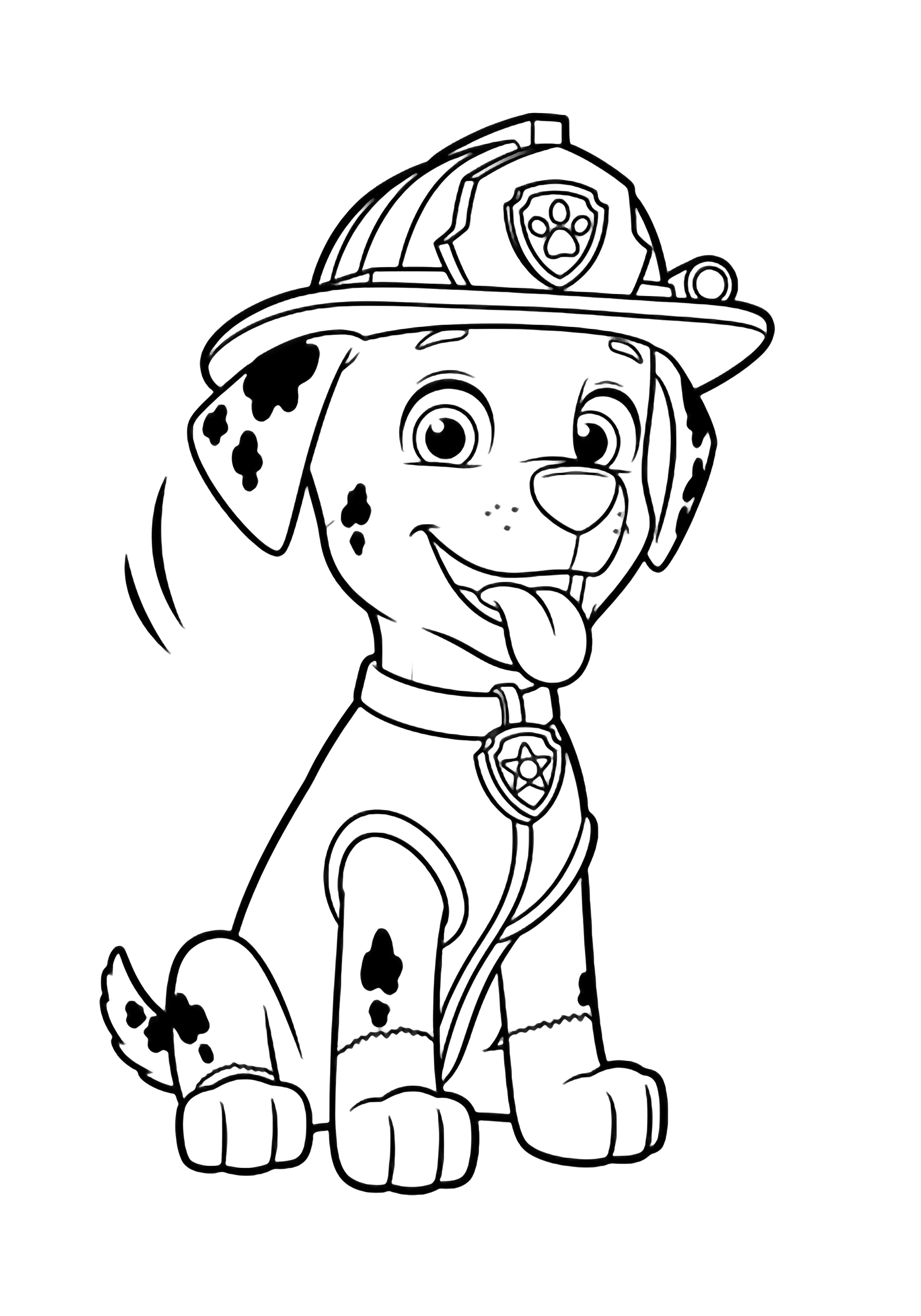 Marshall the pup sits upright, tail wagging, tongue out, wearing a firefighter hat and collar medal. kleurplaat