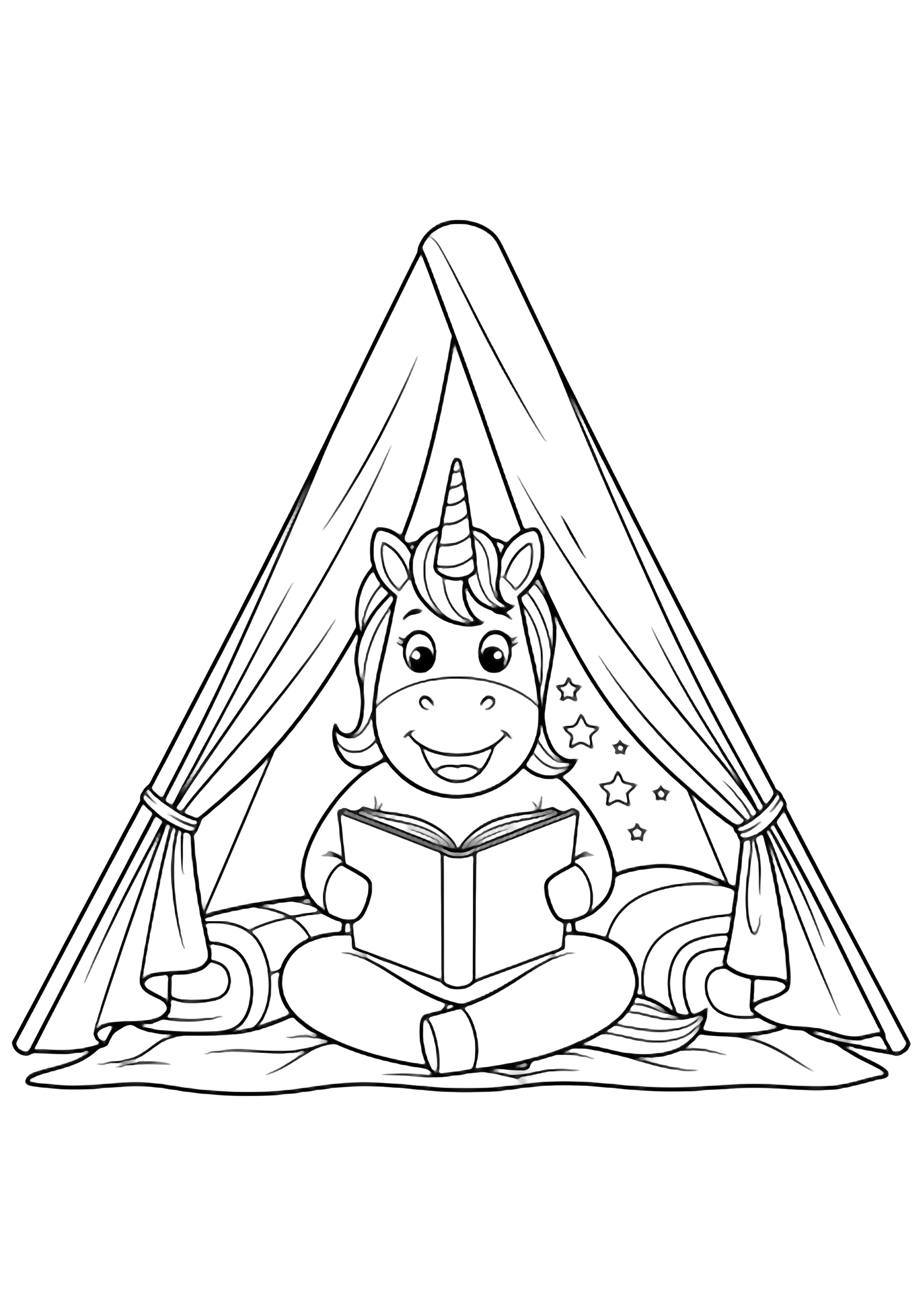 A smiling unicorn sits cross-legged inside a blanket-fort tent, reading an open book; draped blankets form triangle walls and stars peek through the tent flap. kleurplaat