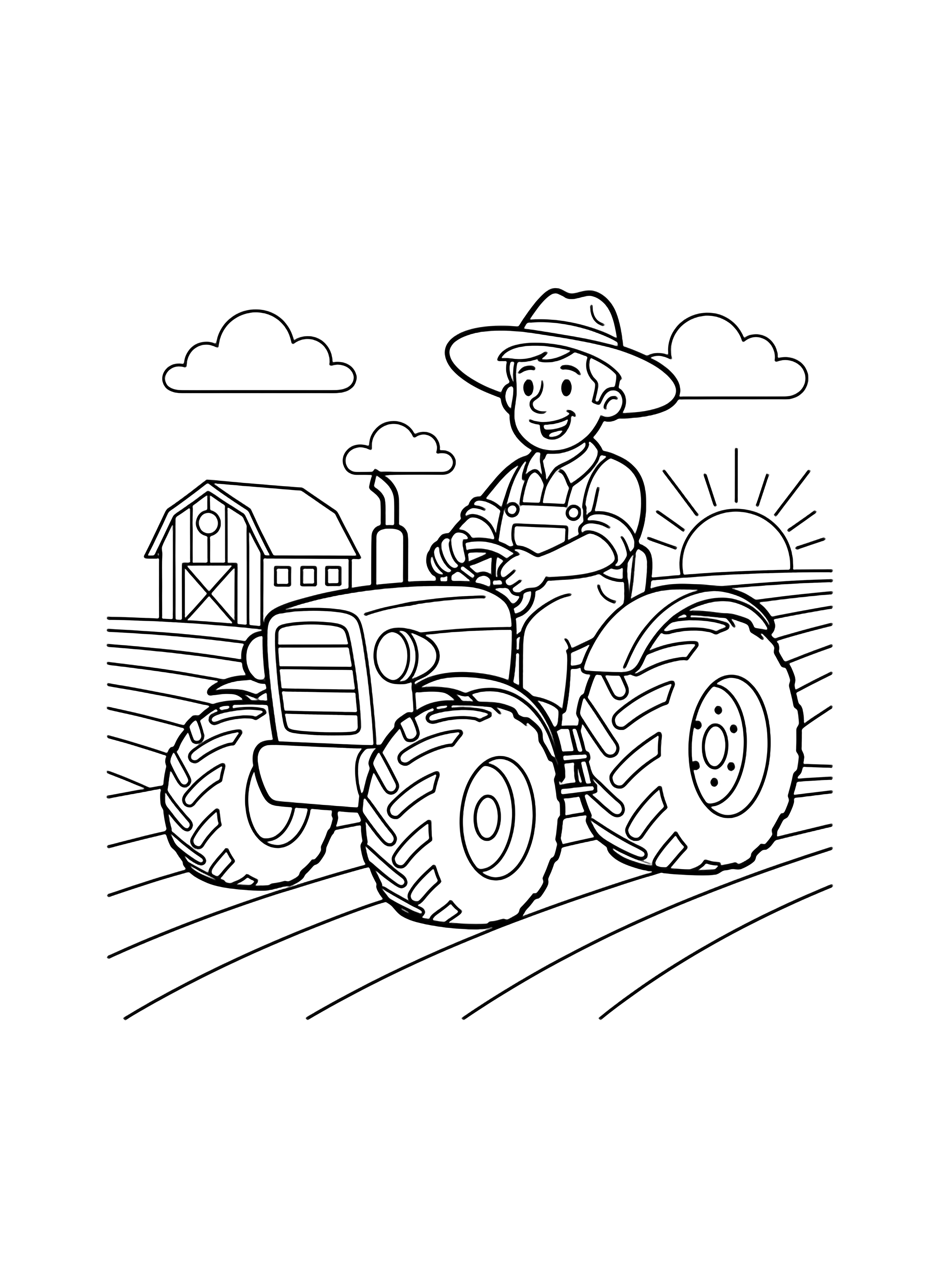 Smiling farmer in overalls and straw hat drives chunky tractor along gentle field rows, clouds drifting above distant barn under rising sun. kleurplaat