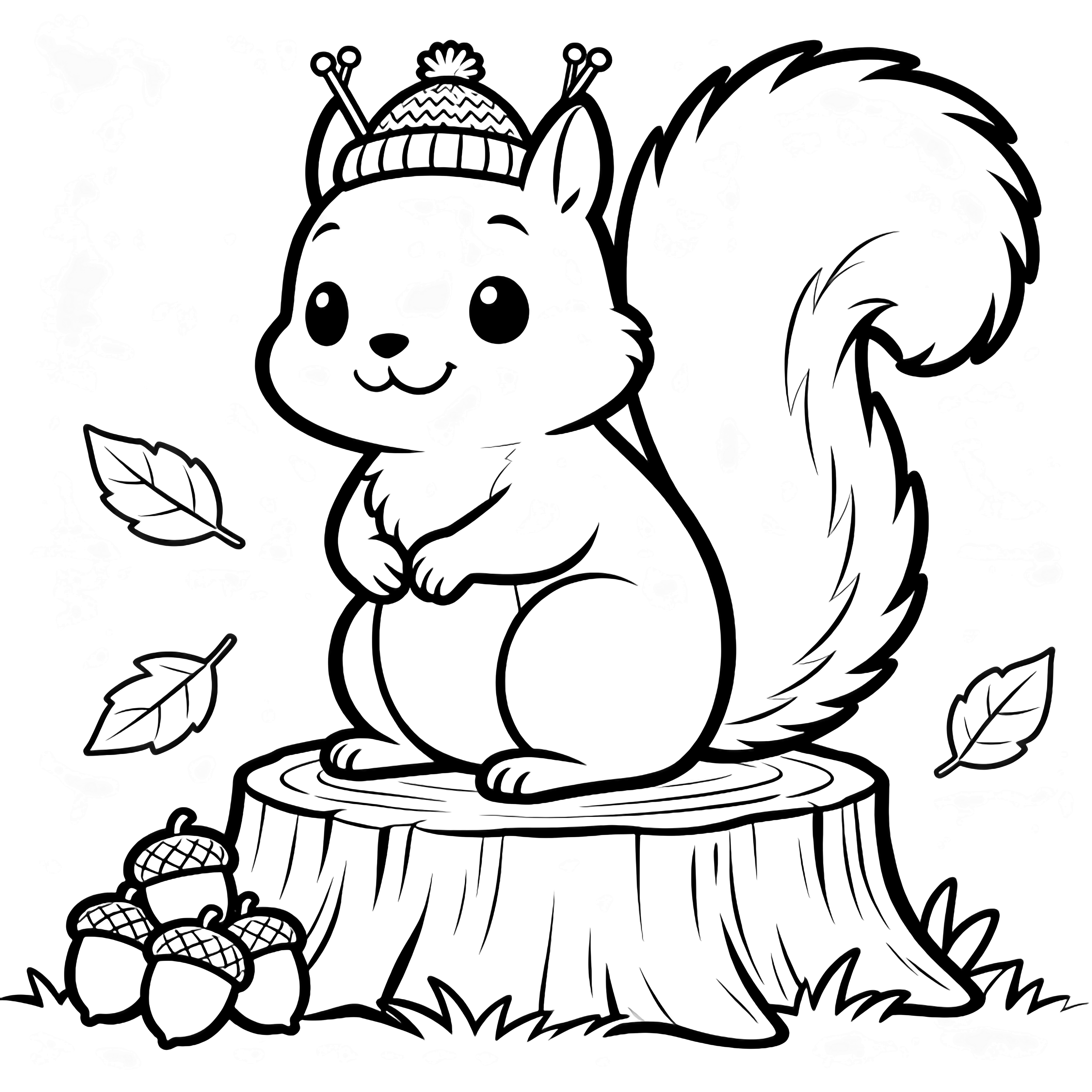 A cheerful squirrel on a stump knits a tiny hat; stacked acorns rest beside its fluffy tail while simple leaves drift behind. kleurplaat
