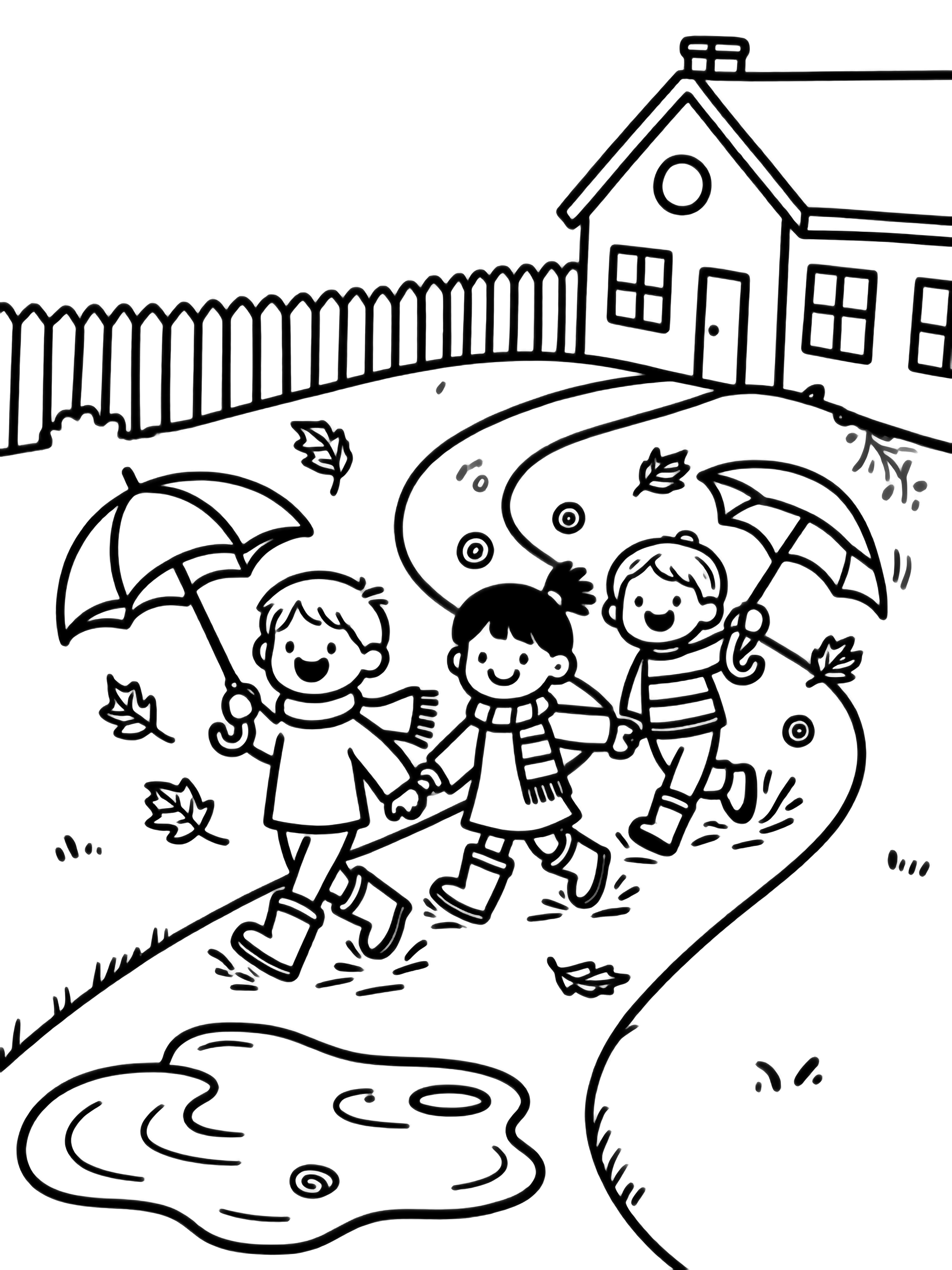 illustration on a Four cheerful kids stroll along a winding path; puddle splashing boots fluttering scarves and raised umbrellas meet spiraling leaves that curl around them all framed by a simple schoolhouse and fence in bold open outlines clean black kleurplaat