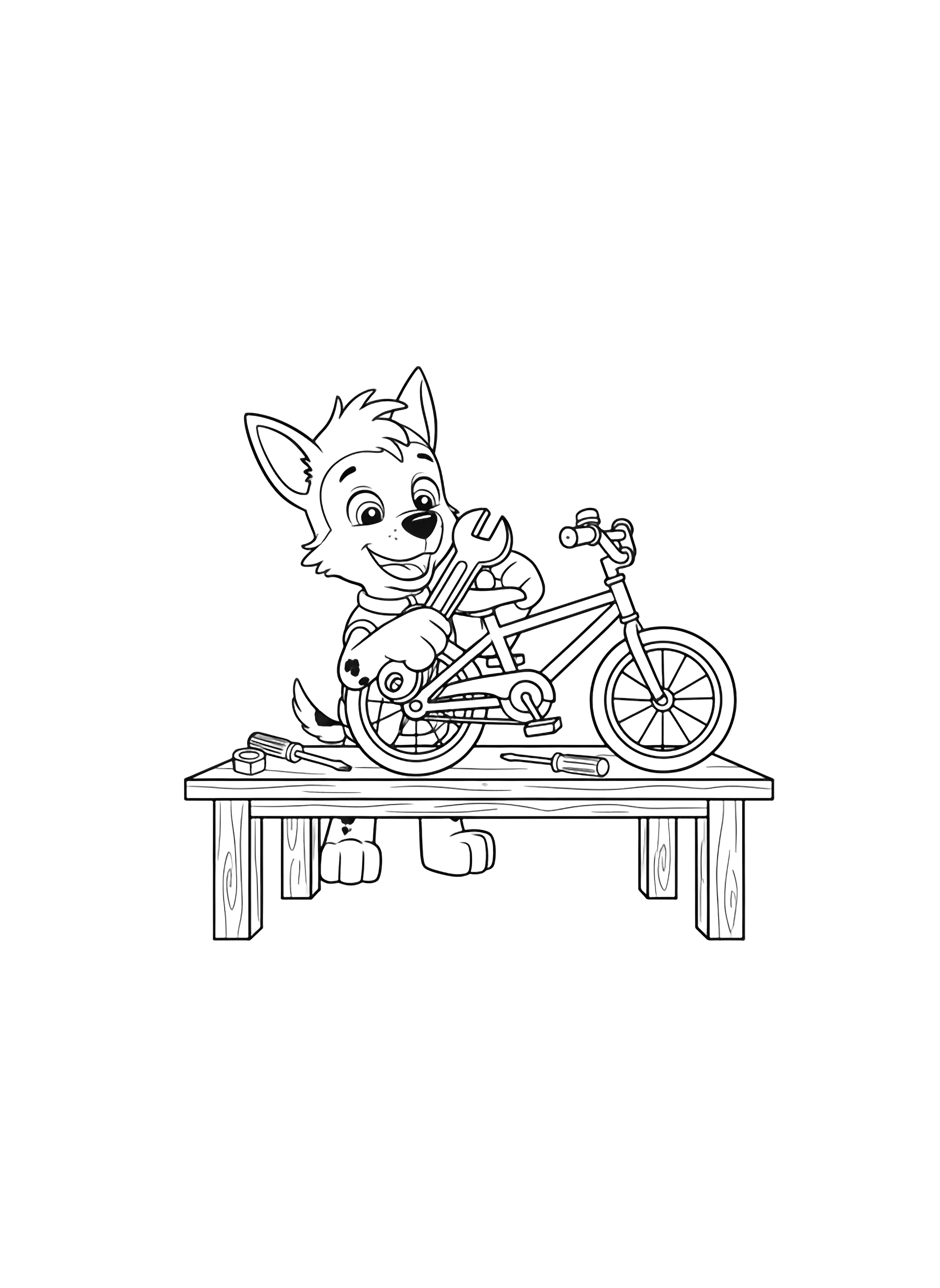 A black and white page for children featuring Rocky from Paw Patrol happily repairing a bicycle Rocky stands at a low workbench his signature floppy ears and big smile visible as he uses a simple wrench On the bench lies a child's bicycle with basic shapes round wheels a triangular frame and rectangular handlebars clean black and white line drawing minimal shading no colour no fill kleurplaat
