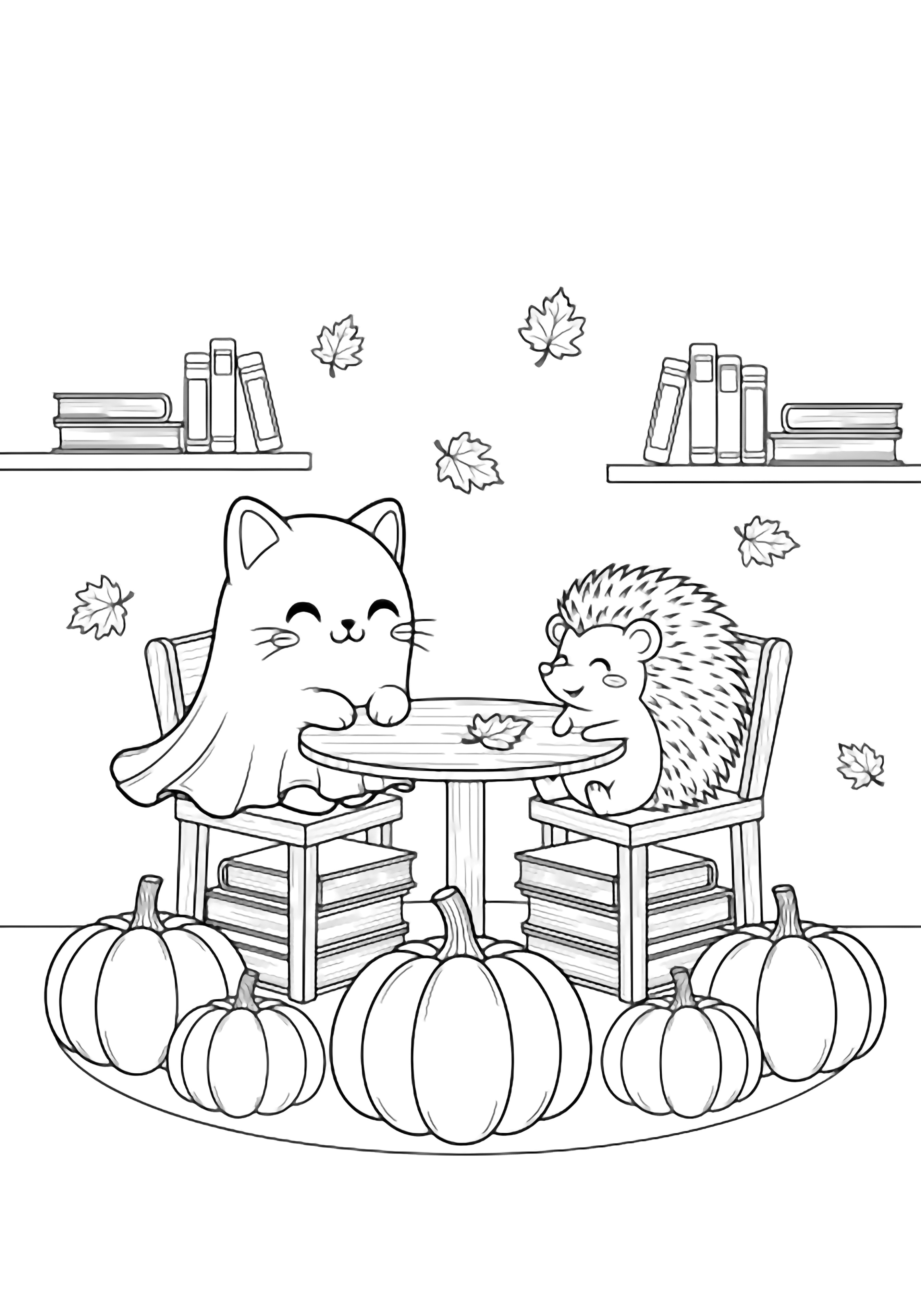 A smiling ghost-cat and tiny hedgehog sit on book-stools at a round table, encircled by five pumpkins, with shelves and drifting leaves around them. kleurplaat
