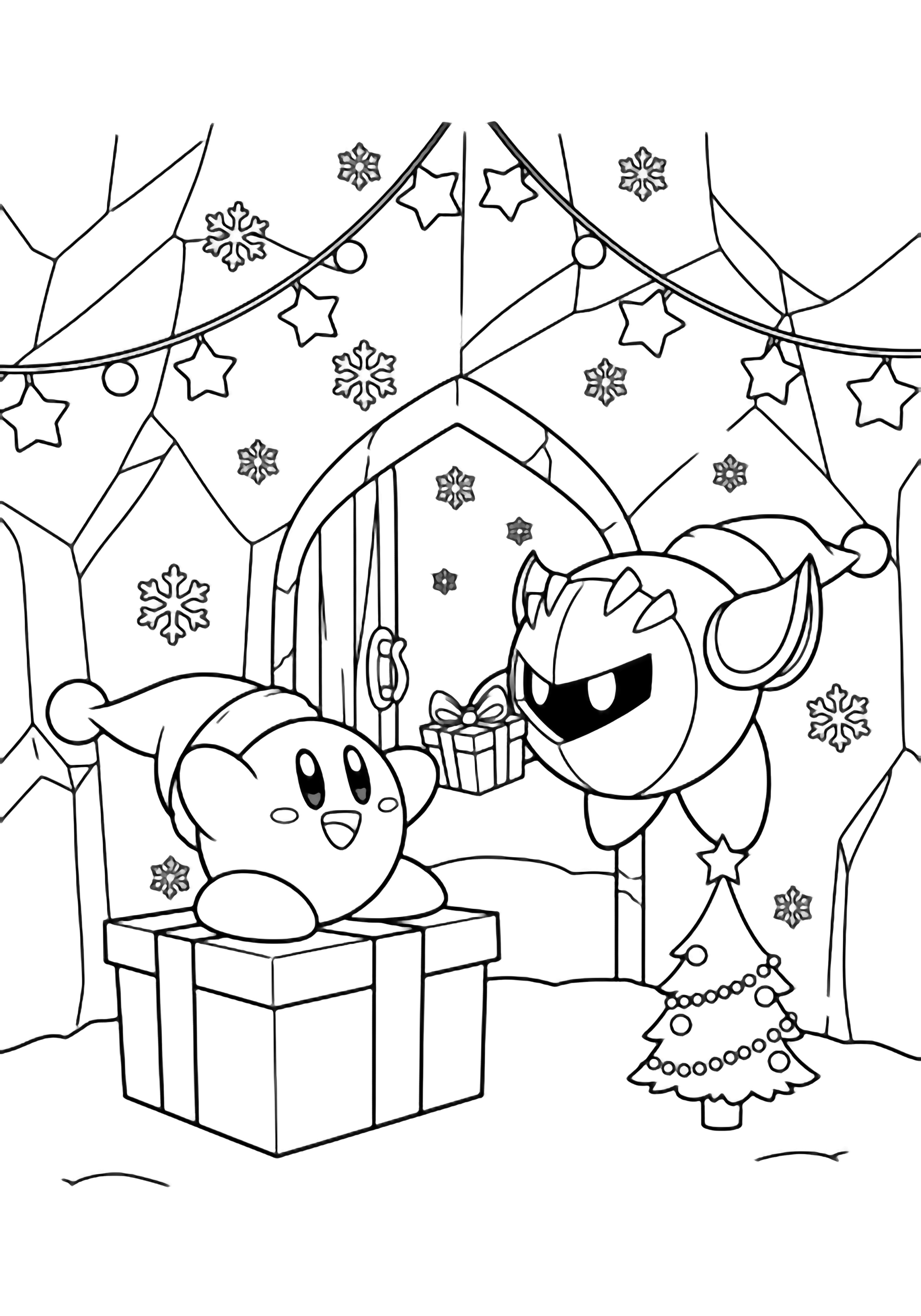 illustratie van Kirby en Meta Knight die cadeaus uitwisselen in een ijskasteel versierd met sneeuwvlokken; Kirby zit bovenop een dik pakje terwijl Meta Knight naast een mini-boom zweeft; snoeren met lichtjes en steruitsparingen omkaderen de open deur, alles in dikke zwarte lijnen, strak zwart kleurplaat