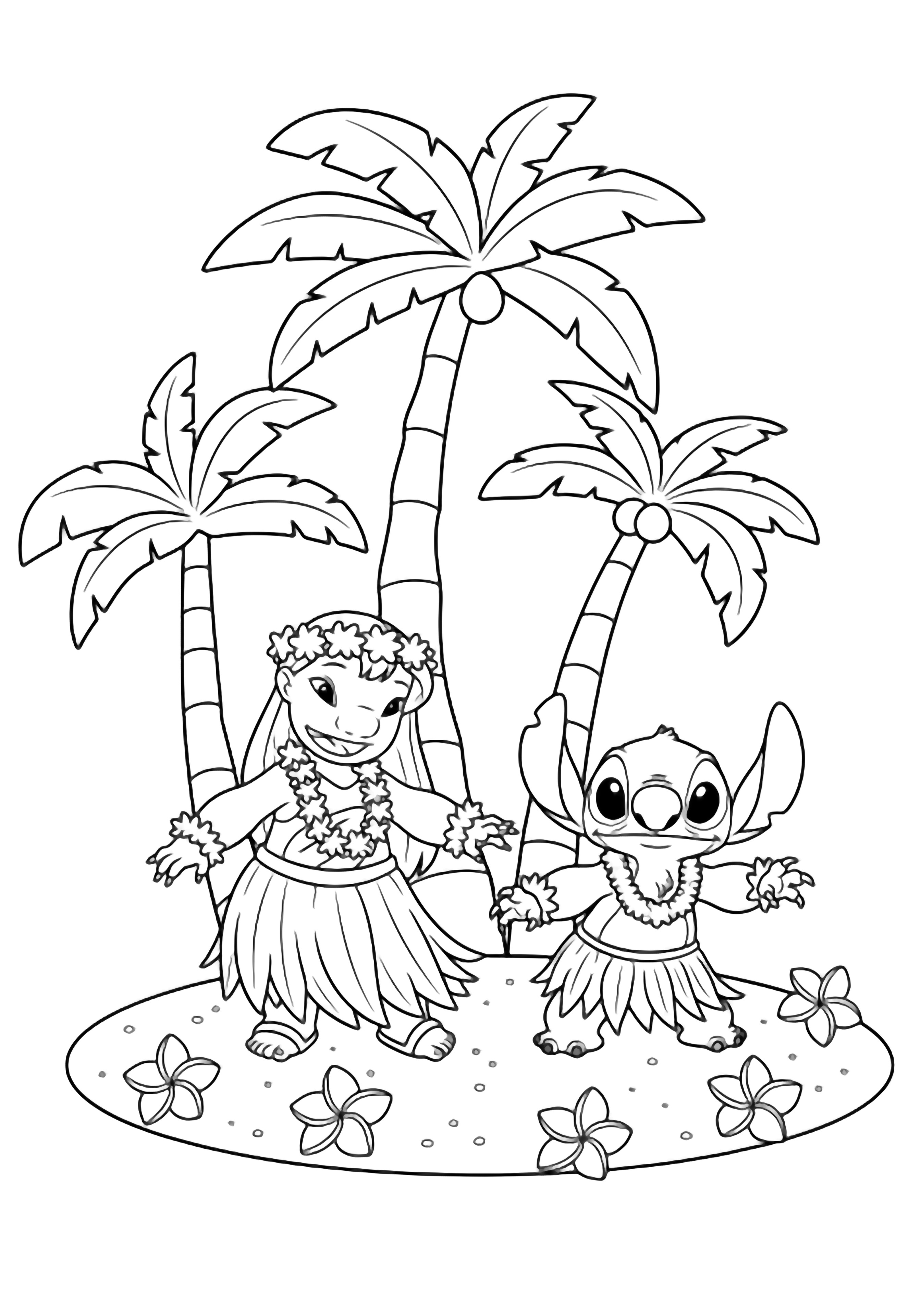 illustration on a Lilo and Stitch stand barefoot on a tiny beach circle gently swaying in hula pose; three palm trunks arc behind fronds fanning above plus five simple plumeria blooms scattered on ground for easy clean black kleurplaat