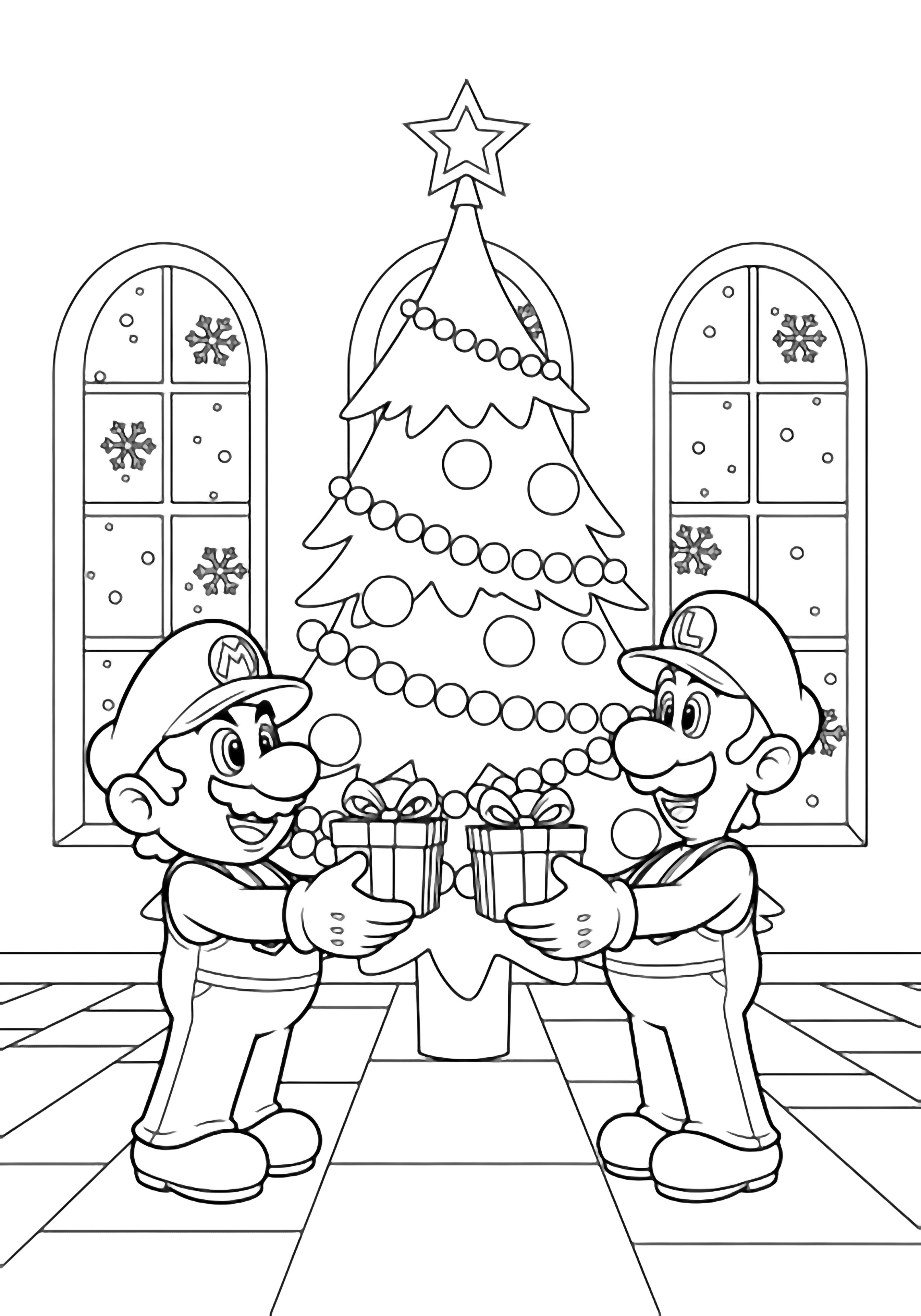 illustration on a Mario and Luigi stand smiling each holding a tiny wrapped box toward the other in front of a tall Christmas tree topped with star outline; tall arched windows behind show falling snowflakes simple stone floor tiles empty interior spaces ready to color clean black kleurplaat