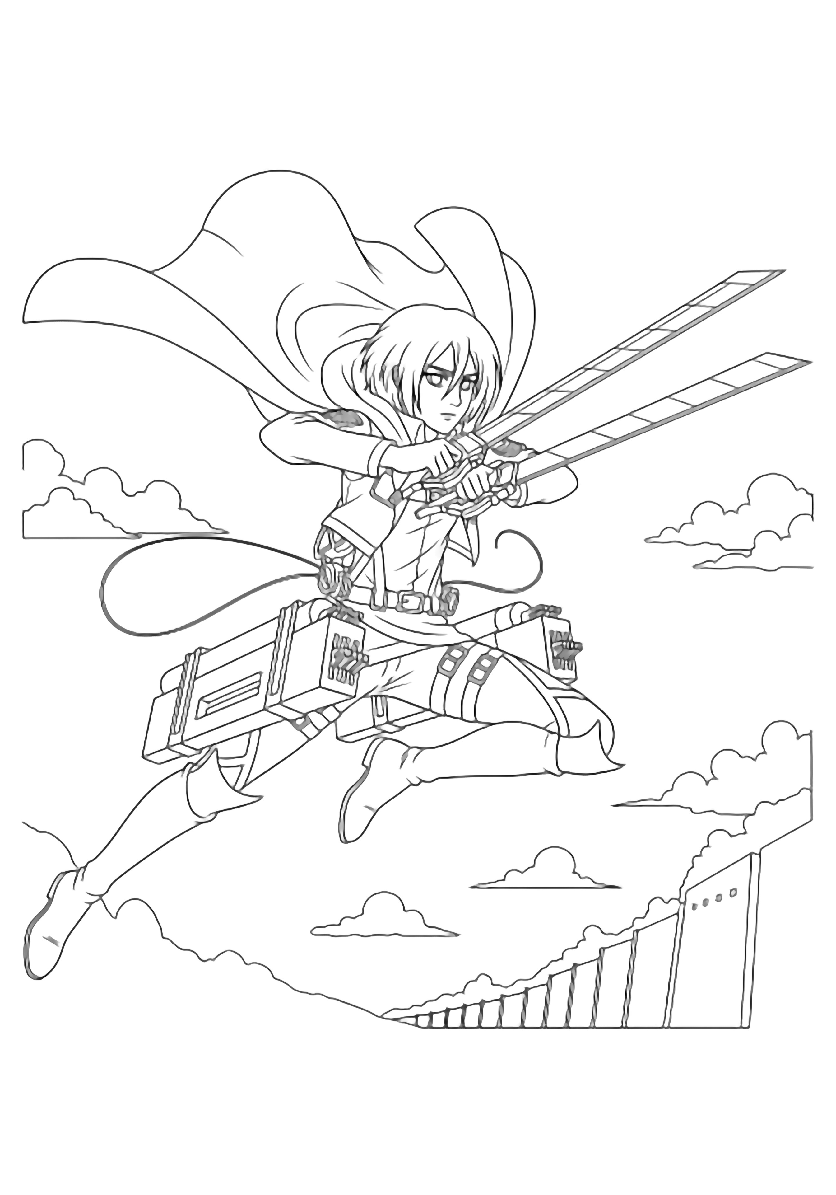 Mikasa leaps with crossed blades, hair and cape billowing; simple clouds and distant wall behind her. kleurplaat