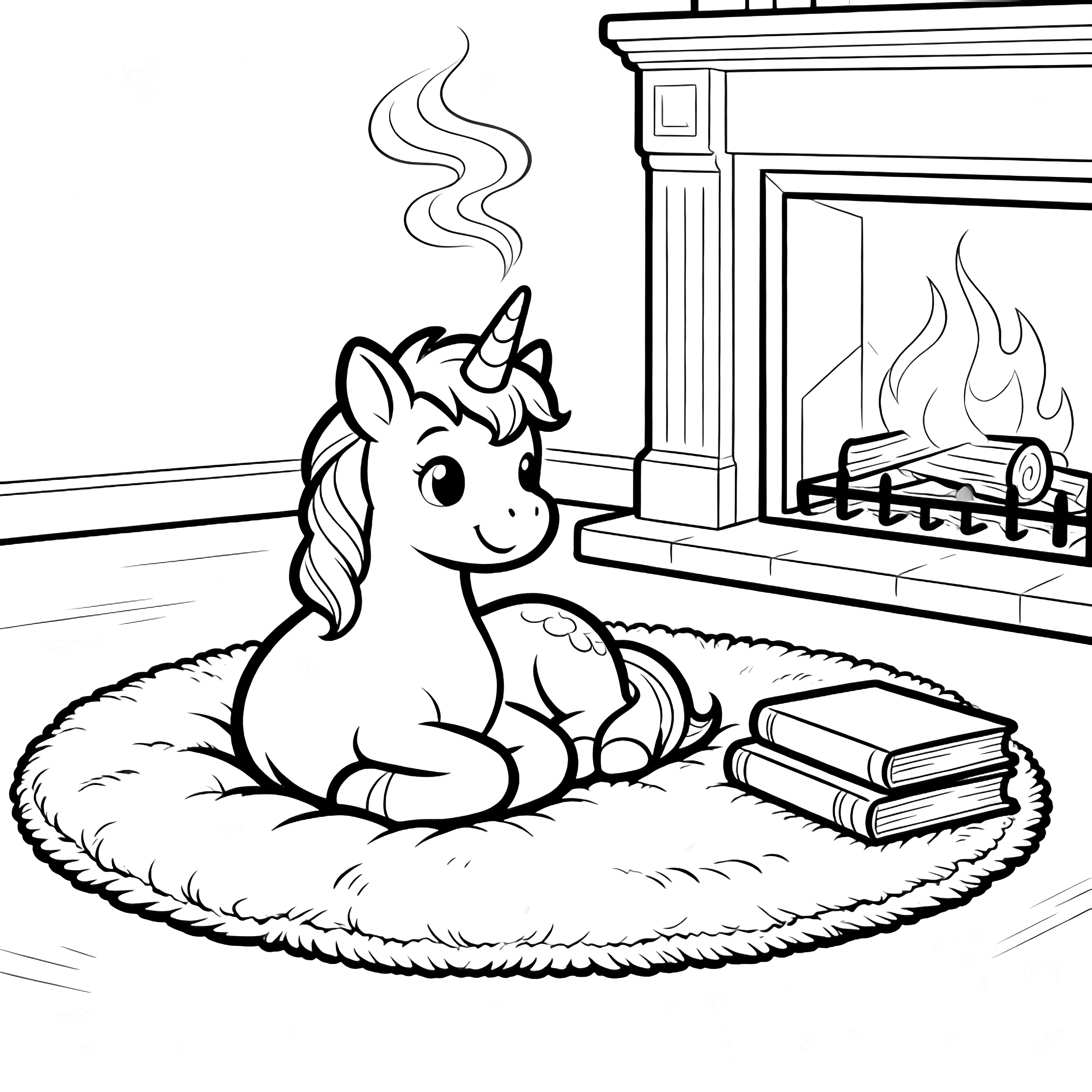 A smiling unicorn foal curled on a plump rug beside a tidy fireplace with two stacked books on the smooth floor. kleurplaat