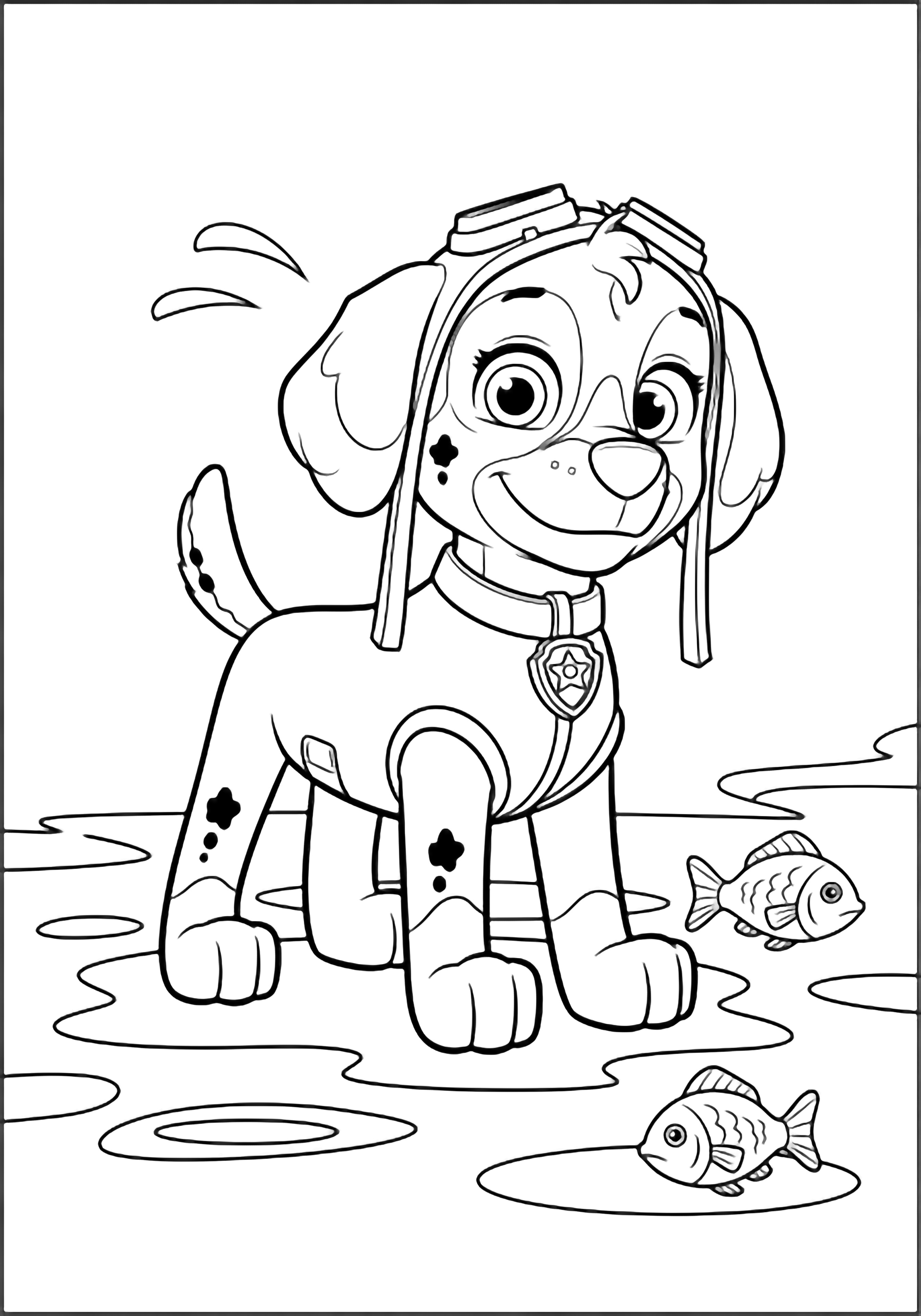 Zuma the pup, tail wagging, collar tag glinting, stands above wavy puddles where two fish swim. kleurplaat
