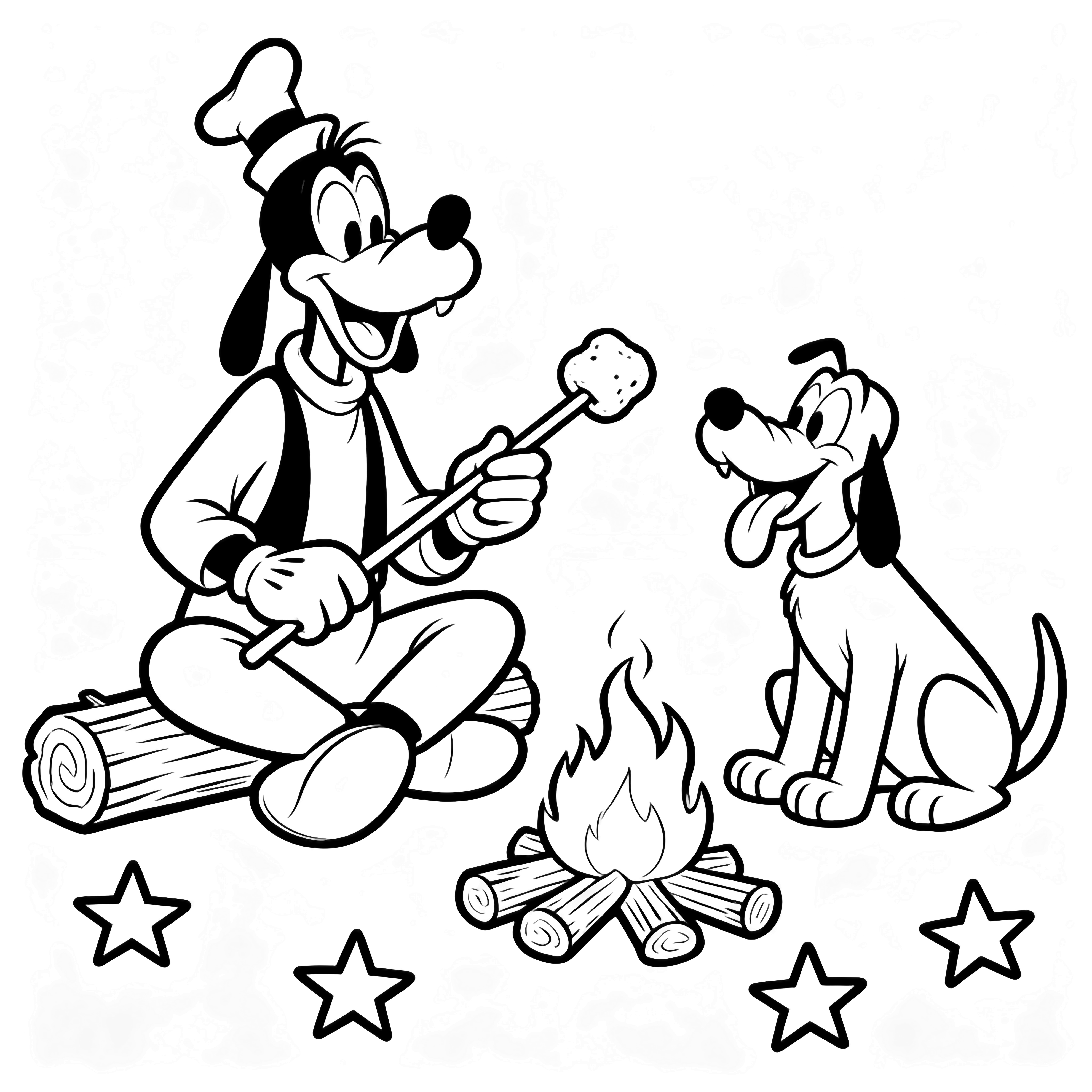 Goofy sits cross-legged toasting a marshmallow while Pluto lies beside him, tongues out, around a small campfire encircled by simple logs and five-point stars. kleurplaat