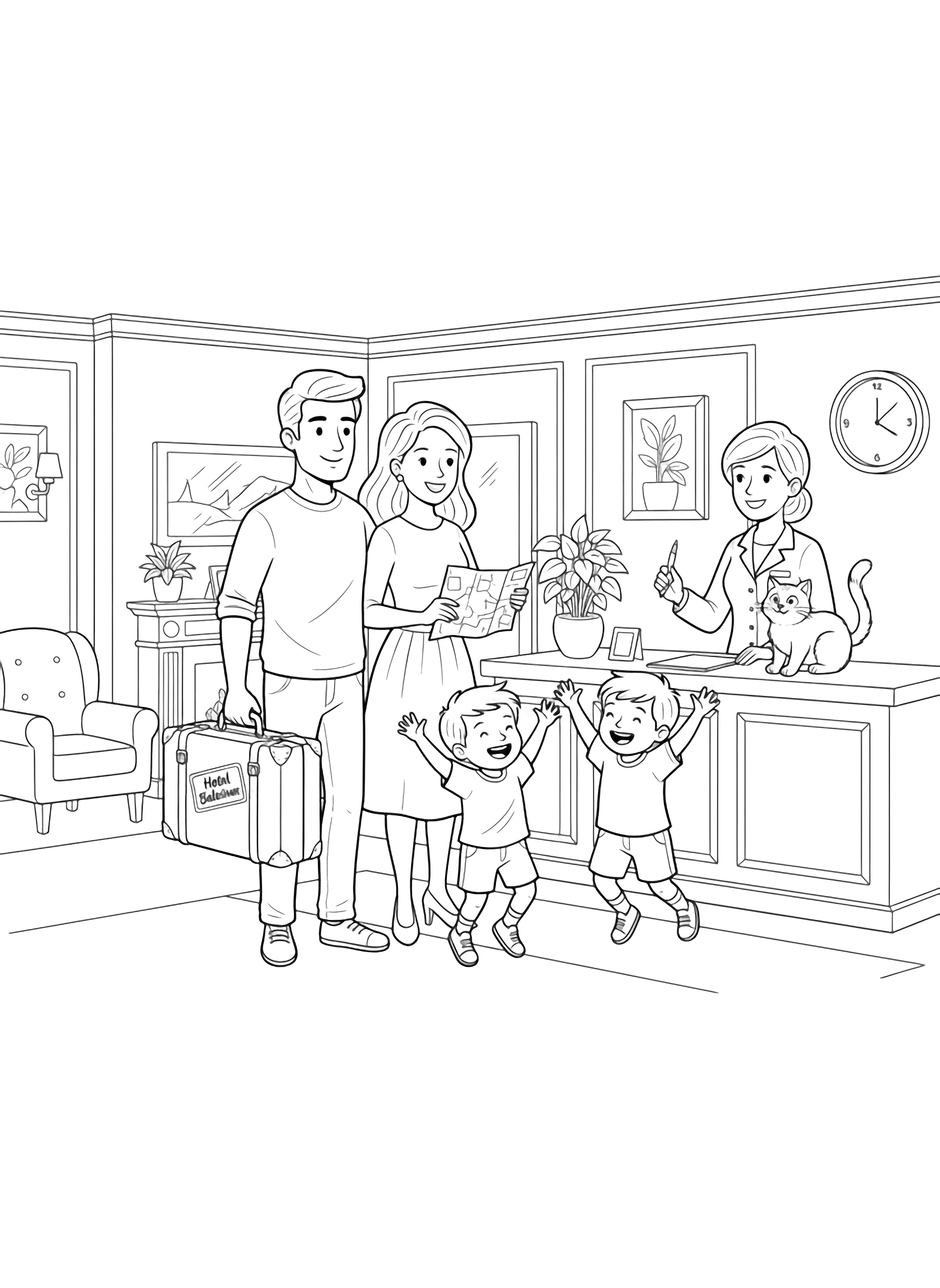 A black and white page showing a cheerful family checking in at a cozy hotel lobby The father holds a suitcase with a sticker that reads "Hotel Bellevue" while the mother carries a tiny map and smiles warmly Their two children excitedly jump near a friendly receptionist behind a wooden counter A playful hotel cat clean black and white line drawing minimal shading no colour no fill kleurplaat
