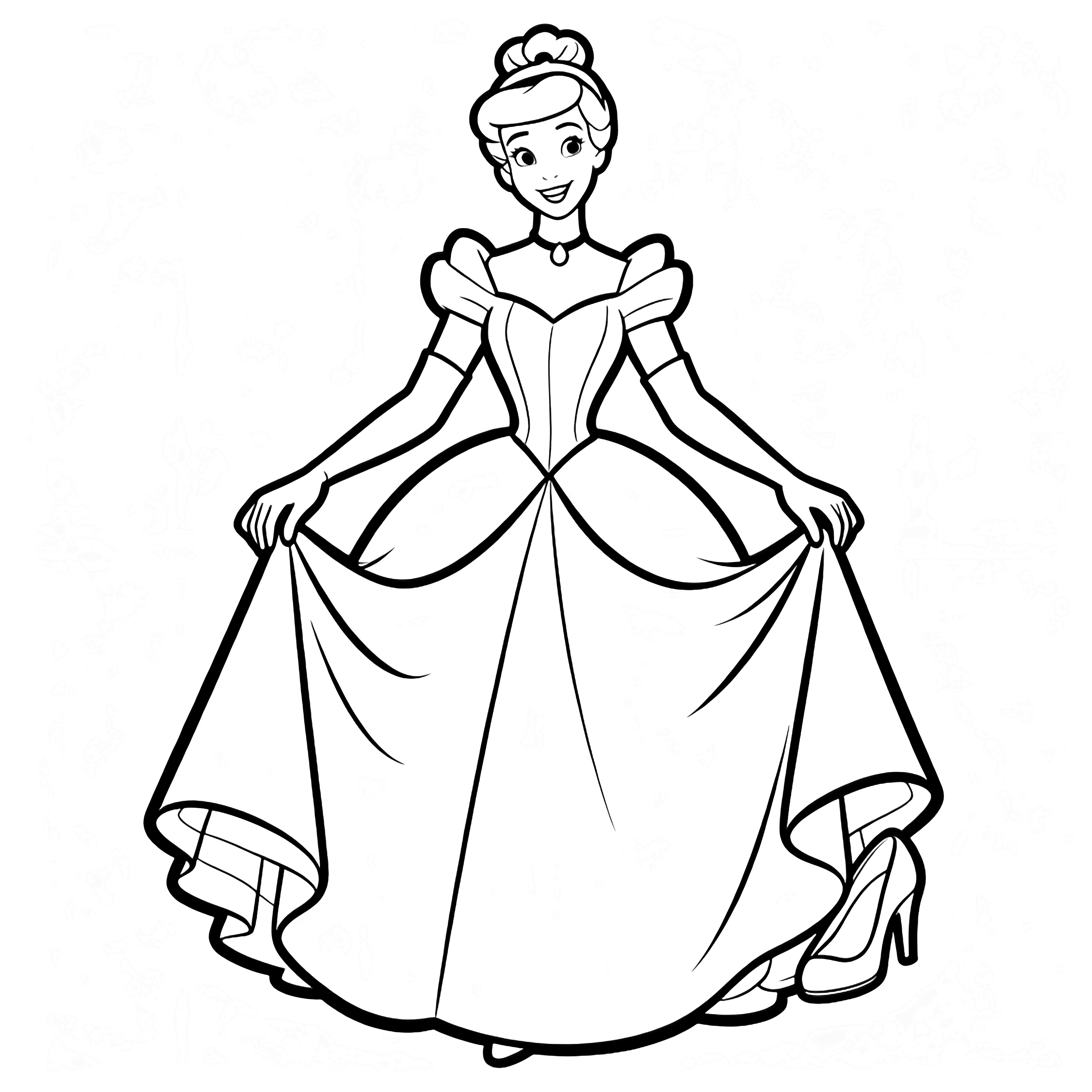 Cinderella stands centered, gently smiling, gloved hands lifting her skirt hem, wearing a headband, necklace, and pumps. kleurplaat