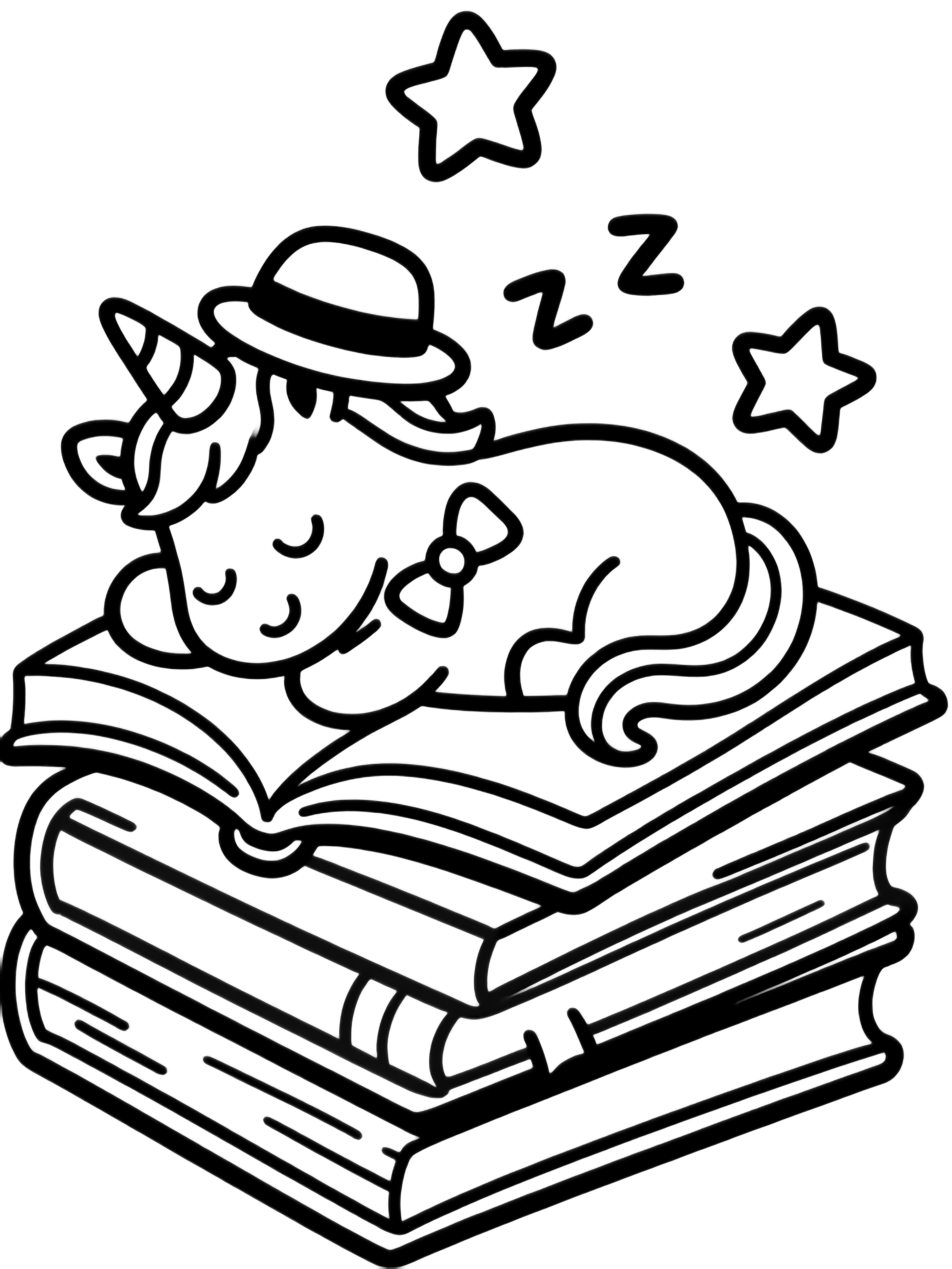 A smiling unicorn, wearing a tiny bow-tie hat, sleeps curled on a stack of open books while Z's drift up and three stars hover nearby. kleurplaat