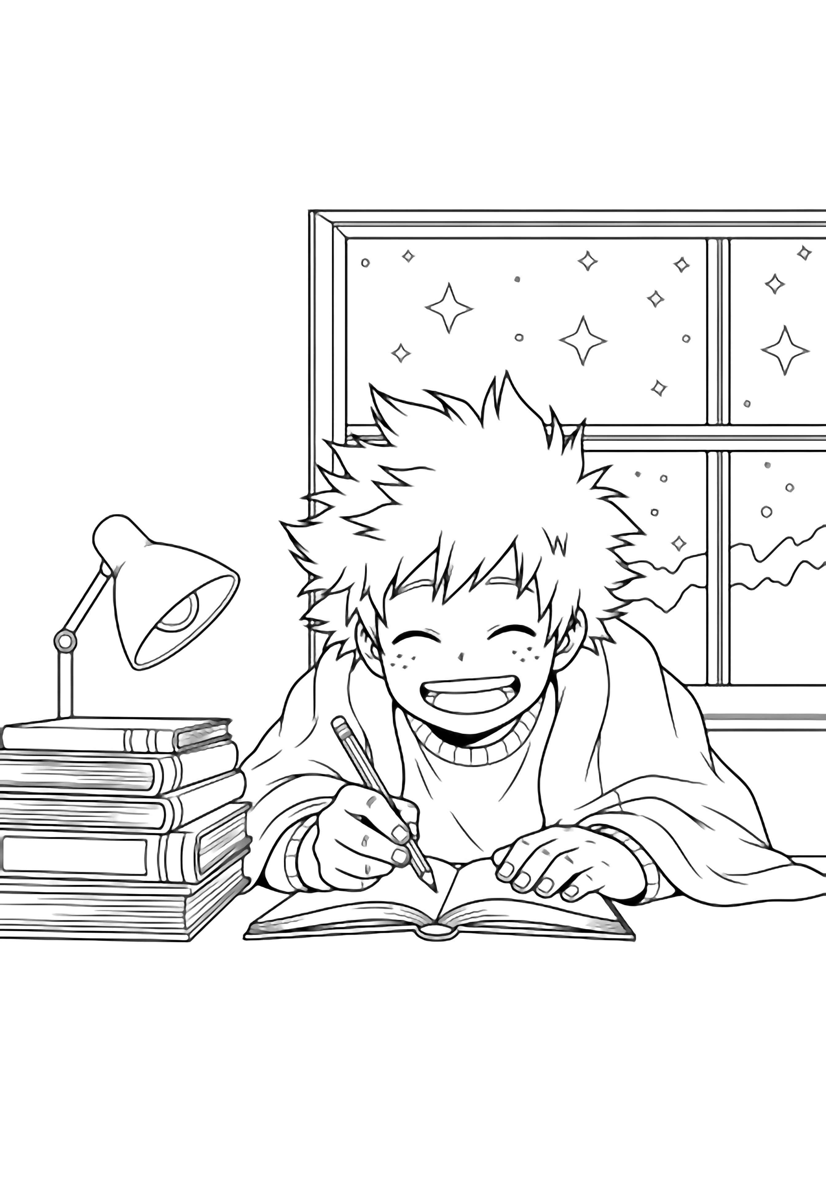 Deku hunches happily at a desk, blanket round shoulders, notebook open, pencil ready; books, lamp, window with starry sky behind. kleurplaat