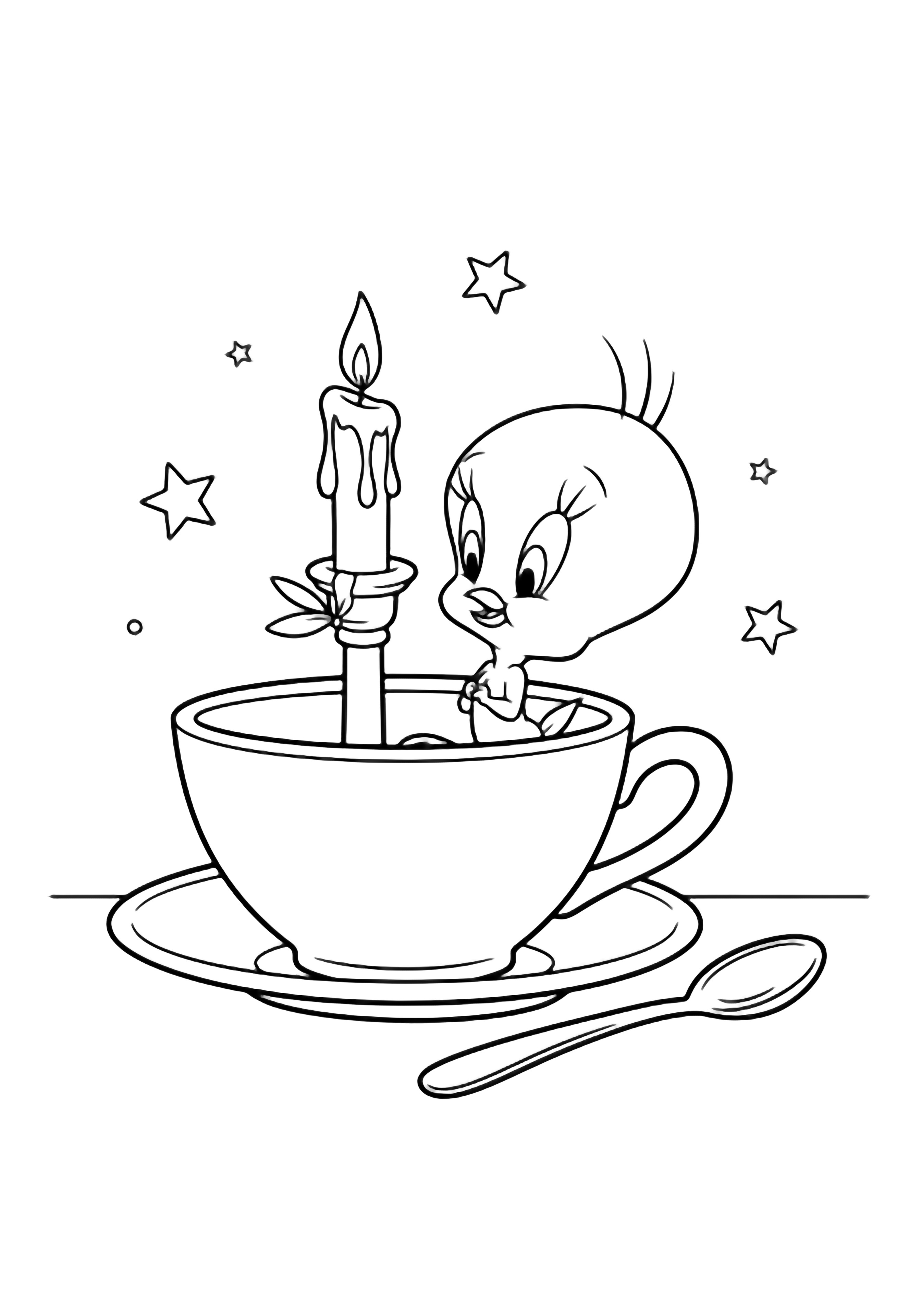 Tweety stands inside a large teacup with tiny wings tucked, facing a tall candlestick; saucer, spoon, and stars complete the scene. kleurplaat