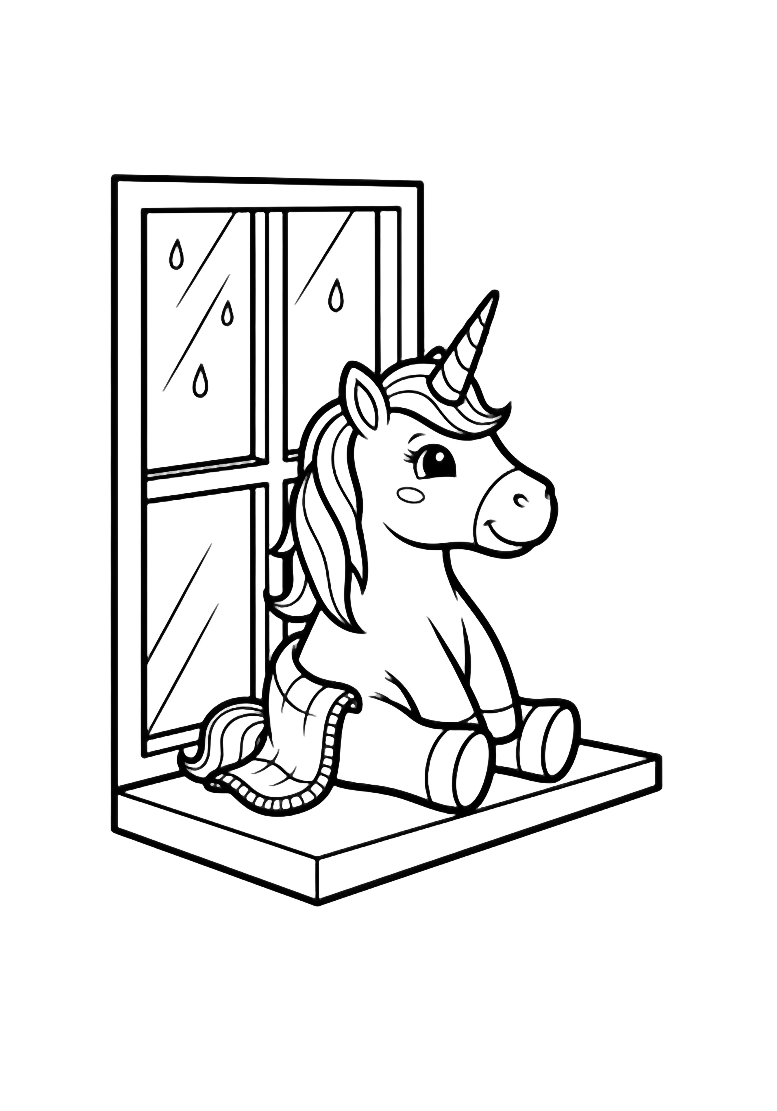 A smiling unicorn sits upright on a narrow windowsill with a tiny blanket draped over its back; soft raindrops fall outside the simple window frame. kleurplaat