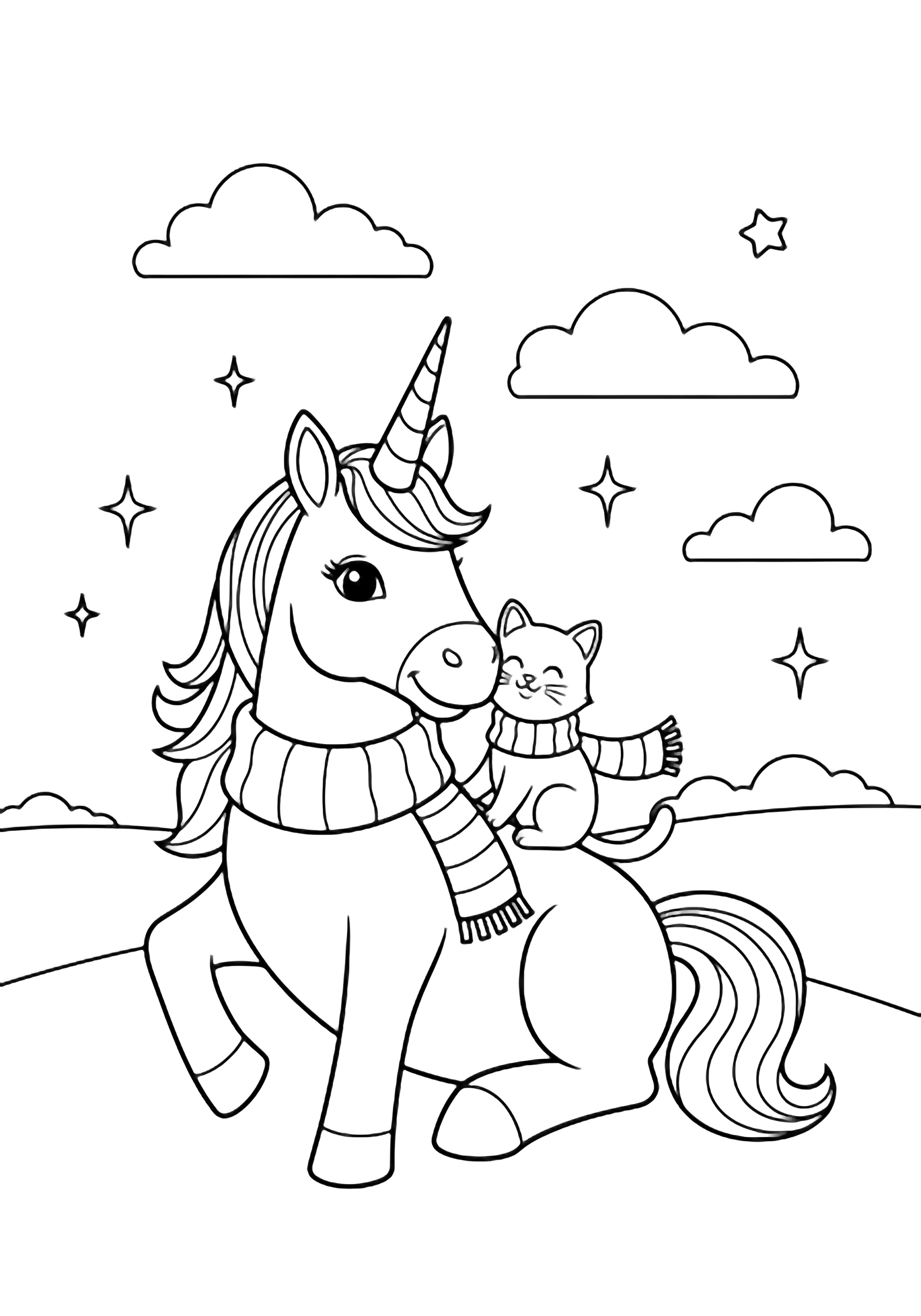 A smiling unicorn with a striped scarf, a tiny cat riding on its back, clouds, stars, and a gentle hill. kleurplaat