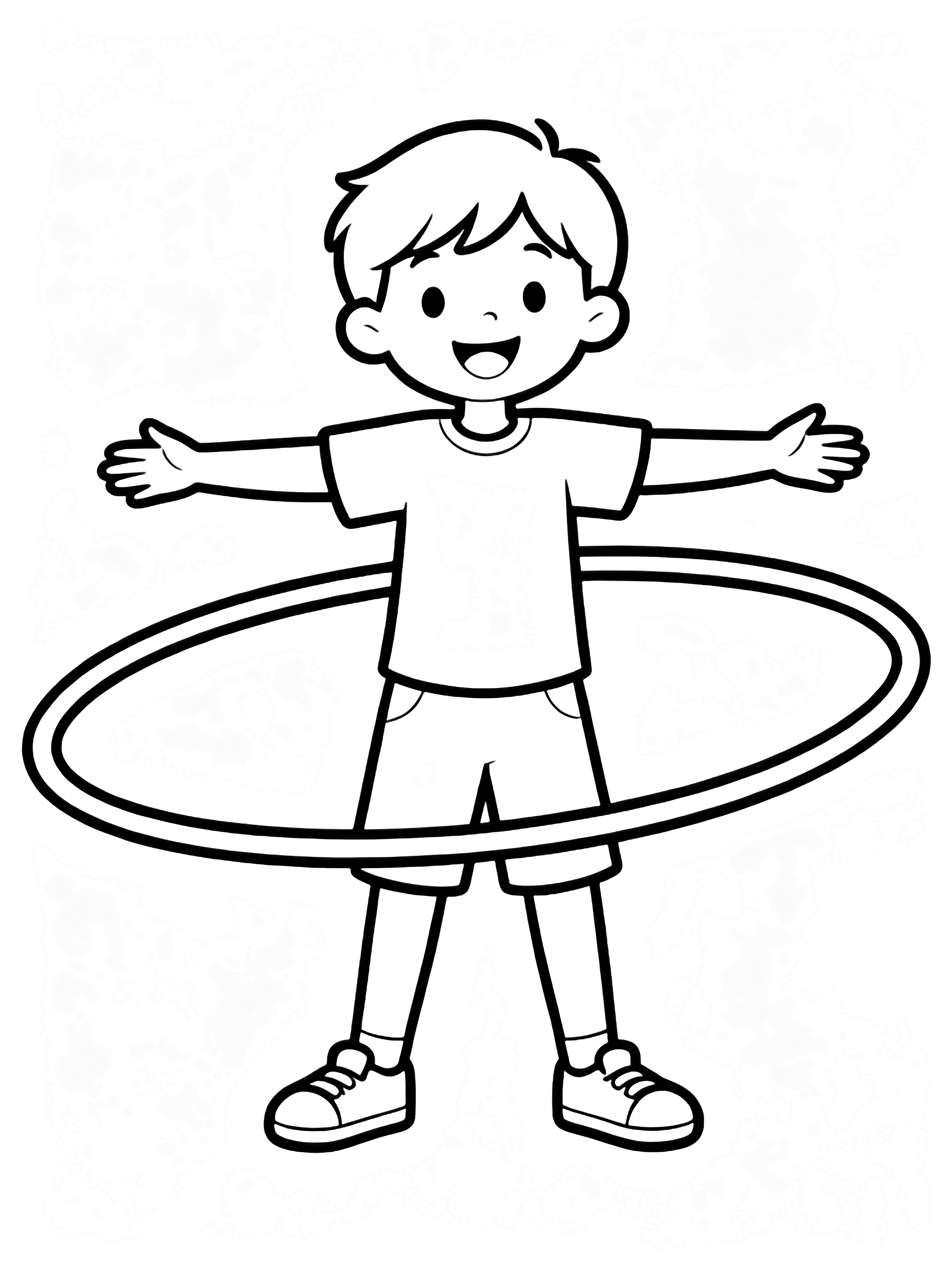 A happy child stands with arms out, spinning a big circular hula-hoop, wearing T-shirt, shorts, and sneakers. kleurplaat
