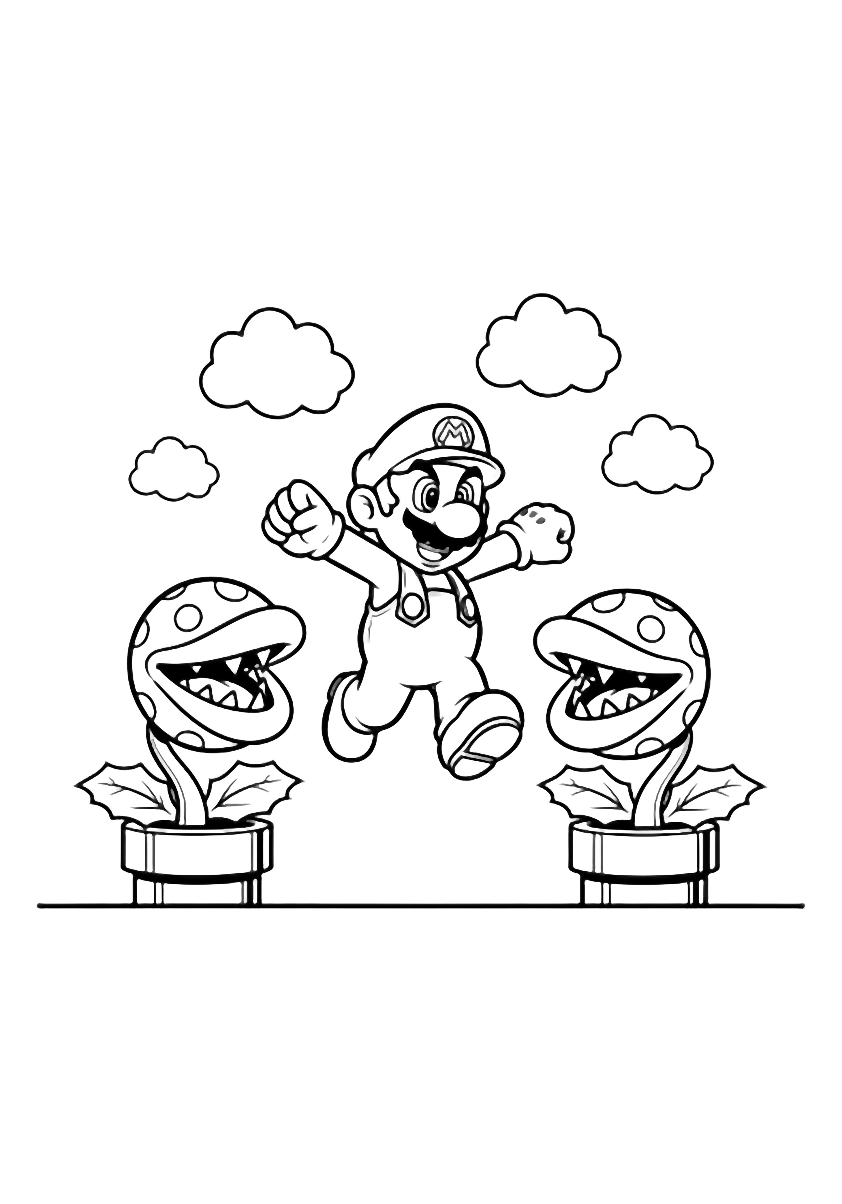 Mario leaps between two cheerful Piranha Plants rising from stubby pipes; simple clouds drift above a ground line. kleurplaat